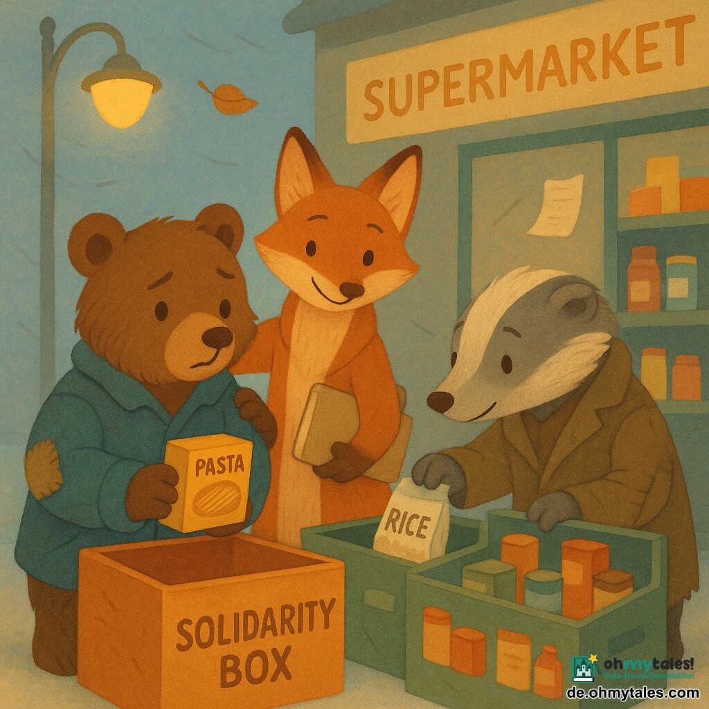 Ein junger Braunbär (Boris) mit weichem Fell und abgenutzter blauer Jacke mit großem Ärmelaufnäher, besorgt und entschlossen zugleich, hält eine kleine Pastaschachtel, die er gleich in eine Solidaritätskiste legen will; neben ihm steht eine schlanke rote Füchsin (Mira) mit beigem Notizbuch unter dem Arm, ermutigend lächelnd und ihm die Pfote auf die Schulter legend; ein alter grauer Dachs mit abgewetztem Mantel und ruhigem, konzentriertem Blick hat kurz zuvor ein Reispacket in eine etwas entfernte Kiste gelegt; Supermarktfront am späten Nachmittag mit gelbem Laternenlicht, windaufgewirbelten Blättern und Plakaten, einer Kiste oder Regal mit der sichtbaren Aufschrift „Nimm eins, gib eins“ und bunten Dosen; Hauptszene: intimer, warmer Moment, in dem Boris zögert und dann die Packung in die Kiste legt, einfache, leuchtende Gesten, sanfte Winterstimmung, warme Farben im Kontrast zum blaugrauem Himmel.