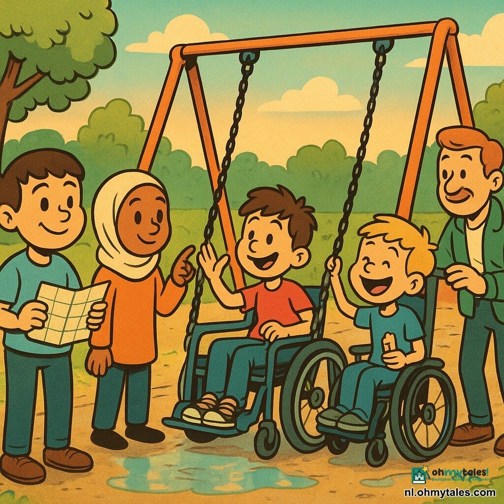 Een groep kinderen bereidt in een kleine speeltuin na de regen een rolstoelwip voor zodat Luuk (ongeveer 10, blond, in elektrische rolstoel) kan schommelen: Sam (12, rond gezicht, kort bruin haar, lichtblauw T-shirt) houdt een buurtkaart, Amina (±12, Arabische afkomst, medium huidskleur, licht hoofddoekje) wijst er zachtjes naar en praat, Milan (±12, lichte huid, warrig haar, spottende glimlach) doet high-five met Luuk terwijl hij een half opgegeten friet vasthoudt, enkele kinderen rekken zich speels uit; Tom (vader van Luuk, volwassen, lichte huid, groene jas) laat rustig zien hoe het poortje van de wip gesloten wordt; sfeer warm en inclusief, iedereen geduldig en solidair.