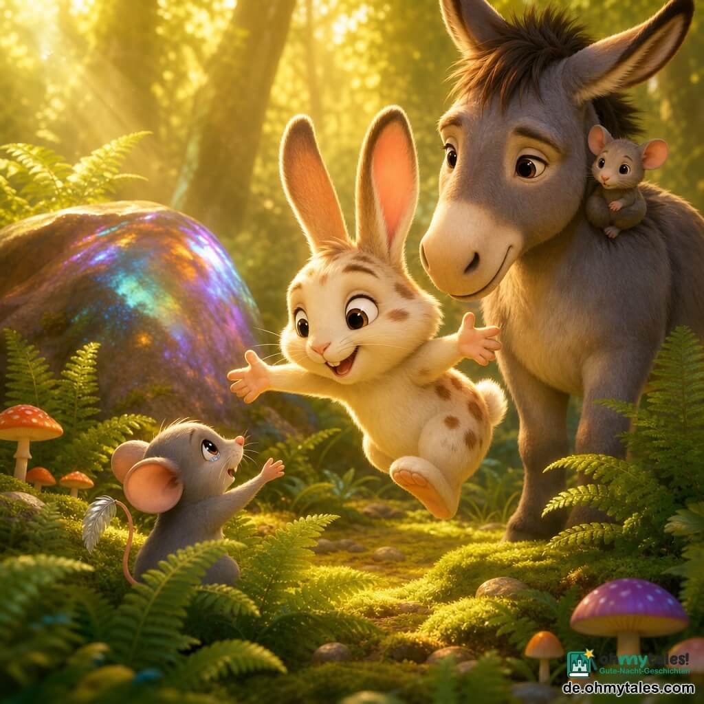 Ein kleiner Hase namens Felix mit glücklichem, erleichtertem Gesicht, großen aufrechten Ohren, cremeweißem Fell mit braunen Flecken und runden, glänzenden Augen springt vor Freude in die Luft und streckt die Vorderpfoten aus; eine kleine Maus namens Mia, ganz grau, mit dünnem Schwanz und einer kleinen silbernen Feder daran, mit funkelnden, noch etwas zitternden Augen steht halb versteckt zwischen niedrigen Farnen und reicht ihre Pfote zu Felix; Otto der Esel, groß und robust mit zotteligem grauem Fell und sanften Augen, steht hinter Felix mit leicht geneigtem Kopf und trägt Mia auf seinem Rücken zum Schutz; Schauplatz: eine lichtdurchflutete Waldlichtung mit moosbedecktem Boden, dichten Farnen, bunten Pilzen (rot, orange, violett) und einem irisierenden Felsen mit regenbogenartigen Schimmern; visuelle Stimmung: warme, gesättigte Farben, weiche Texturen für Moos und Fell, sanfte Gegenlichtbeleuchtung mit Halos um die Figuren; zentrale, intime Komposition, Ausdruck von Freundschaft und Erleichterung.