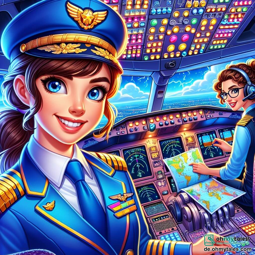 Eine Pilotin namens Lara, lächelnd und selbstbewusst, trägt eine leuchtend blaue Uniform mit goldenen Schulterklappen. Ihre braunen Haare sind zu einem Pferdeschwanz gebunden, und ihre Augen strahlen vor Aufregung, während sie im Cockpit eines großen Flugzeugs steht. Neben ihr konsultiert ihre Co-Pilotin, eine Frau in den Dreißigern mit Brille und lockigem Haar, konzentriert und entschlossen Flugkarten. Das Cockpit ist mit bunten Knöpfen, leuchtenden Bildschirmen und Steuerungen gefüllt, was eine dynamische und technologische Atmosphäre schafft. Draußen sieht man einen blauen Himmel mit weißen Wolken, während sich in der Ferne ein bedrohliches Gewitter zusammenbraut, mit Blitzen, die den dunklen Himmel durchzucken. Die Hauptsituation zeigt Lara und ihre Co-Pilotin, die sich auf den Start vorbereiten und schnell über die Wetterbedingungen diskutieren, wobei ihre Gesichter sowohl Aufregung als auch die Verantwortung widerspiegeln, ein Flugzeug sicher zu steuern.