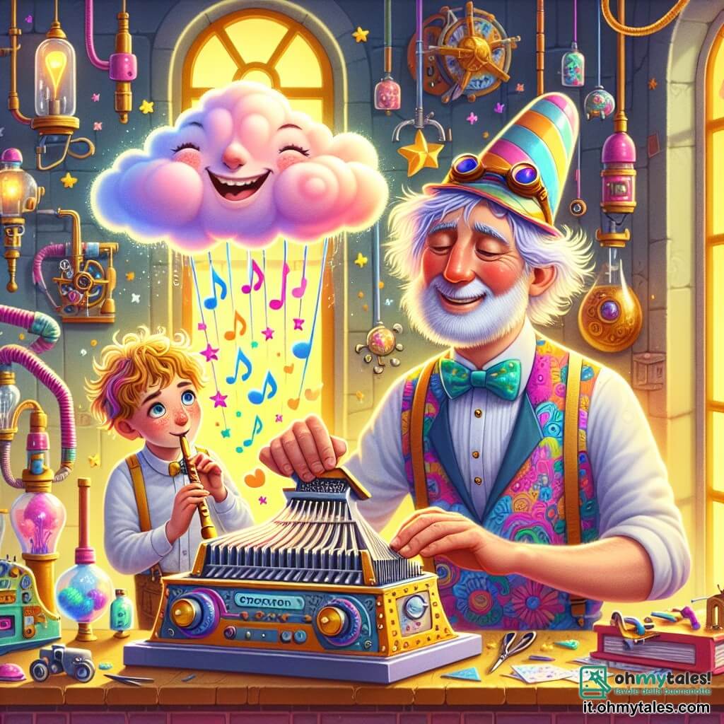 Un uomo inventore, con il viso gioioso e gli occhi brillanti di curiosità, indossa un cappello colorato a elica e una camicia a motivi vivaci. Sta grattando una grattugia musicale nuvolosa, circondato da note musicali fluttuanti e piccole stelle scintillanti. Accanto a lui, un ragazzo di dodici anni, con i capelli arruffati e un sorriso malizioso, osserva con meraviglia, tenendo in mano un piccolo flauto, pronto a suonare una melodia. Il loro laboratorio è un luogo caotico e magico, pieno di macchine strane, tubi colorati e gadget stravaganti, con scaffali stracolmi di libri e strumenti. Sullo sfondo, una finestra aperta fa entrare raggi di sole dorati, illuminando la scena. La situazione principale mostra l'uomo e il ragazzo concentrati sulla loro invenzione, mentre una piccola nuvola rosa e soffice scende lentamente verso di loro, attratta dalla musica gioiosa, pronta per essere grattata e creare polvere di sogni.
