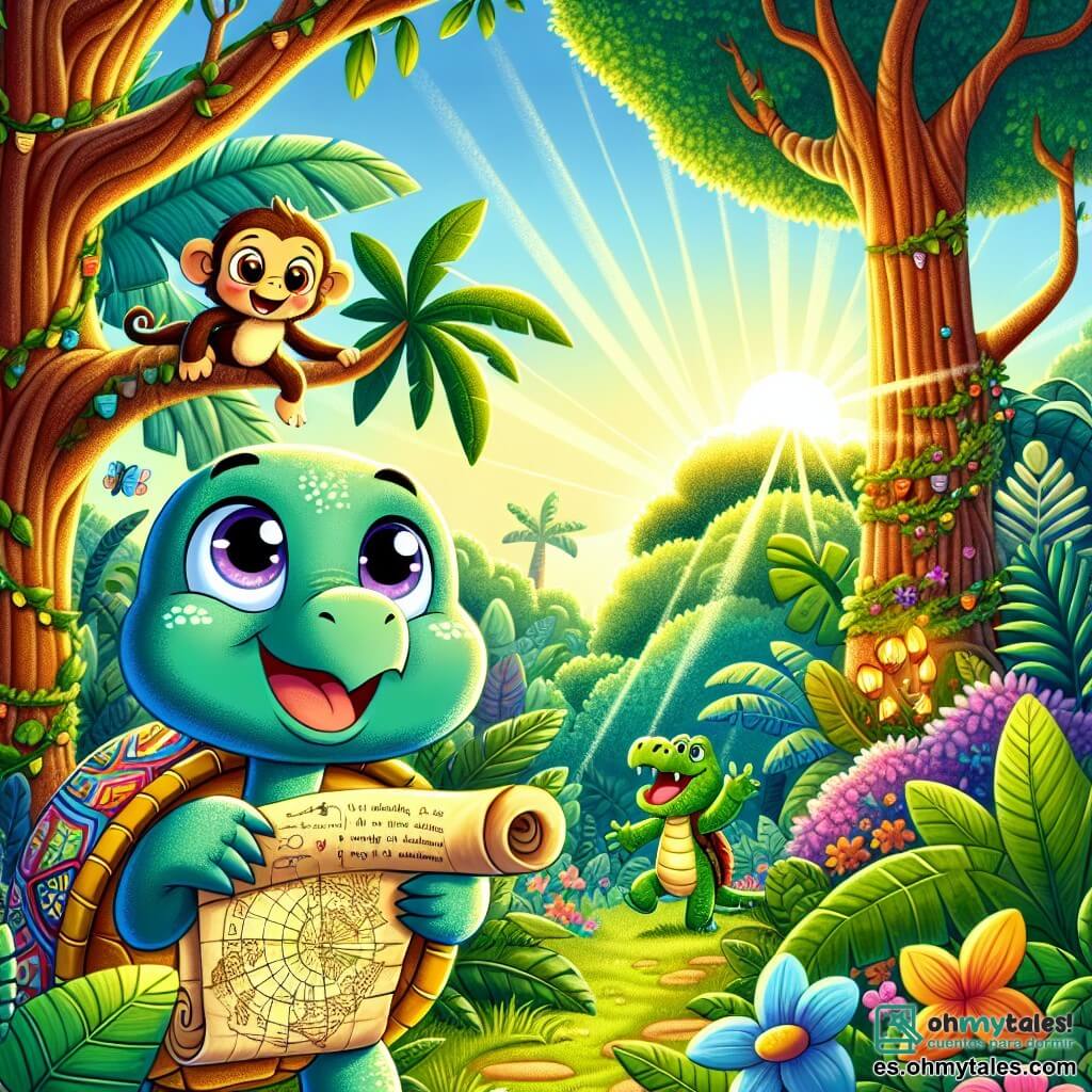 Tula, la tortuga aventurera, está en el centro de la imagen, con un caparazón colorido adornado con patrones vibrantes. Muestra una gran sonrisa de emoción, con ojos chispeantes de curiosidad, mientras sostiene un viejo rollo de mapa sobre su cabeza. A su lado, Pilo el mono, un pequeño primate de pelaje marrón y ojos traviesos, está trepando a un árbol, riendo alegremente y mirando el tesoro con impaciencia. Lolo el cocodrilo, con su gran boca sonriente y escamas verdes, se mantiene un poco atrás, cantando una melodía animada para alentar a sus amigos. El escenario es una jungla exuberante, llena de follaje denso, flores coloridas y rayos de sol filtrándose a través de las ramas. En el fondo, se ve un viejo árbol majestuoso, símbolo de misterio, donde se oculta la primera pista del tesoro. La situación principal muestra a Tula y sus amigos en plena búsqueda de aventura, descubriendo un antiguo tesoro escondido, rodeados de la belleza salvaje de la jungla, listos para resolver enigmas y vivir momentos inolvidables juntos.