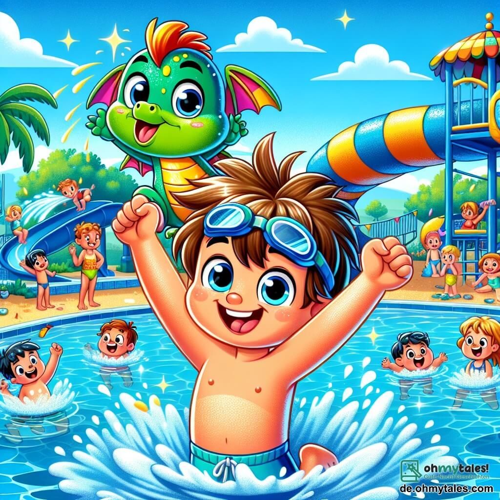 Ein 6-jähriger Junge namens Max, mit zerzausten braunen Haaren und strahlenden Augen, trägt einen leuchtend blauen Badeanzug und Schwimmbrillen. Er lächelt breit und hebt die Arme zum Sieg, nachdem er einen Sprung ins Schwimmbecken geschafft hat. Neben ihm fliegt Flitz, ein kleiner leuchtend grüner Drache mit schimmernden Schuppen und großen bunten Flügeln, fröhlich über das Wasser und applaudiert mit seinen kleinen Pfoten. Im Hintergrund spielen mehrere Kinder im Alter von 6 bis 8 Jahren im Pool, lachen und spritzen, alle in bunten Badeanzügen. Einige stehen am Rand, bereit zu springen, während andere fröhlich schwimmen. Der Ort ist ein wunderschöner Wasserpark mit bunten Rutschen, grünen Palmen und einem blauen Himmel mit weißen Wolken. Das Wasser im Pool funkelt in der Sonne und erzeugt glitzernde Reflexionen. Die Hauptsituation zeigt Max und Flitz, die ihren Sieg nach einem gelungenen Sprung feiern, umgeben von ihren Freunden, in einer festlichen und fröhlichen Atmosphäre, die den Teamgeist und den Spaß am Sport illustriert.