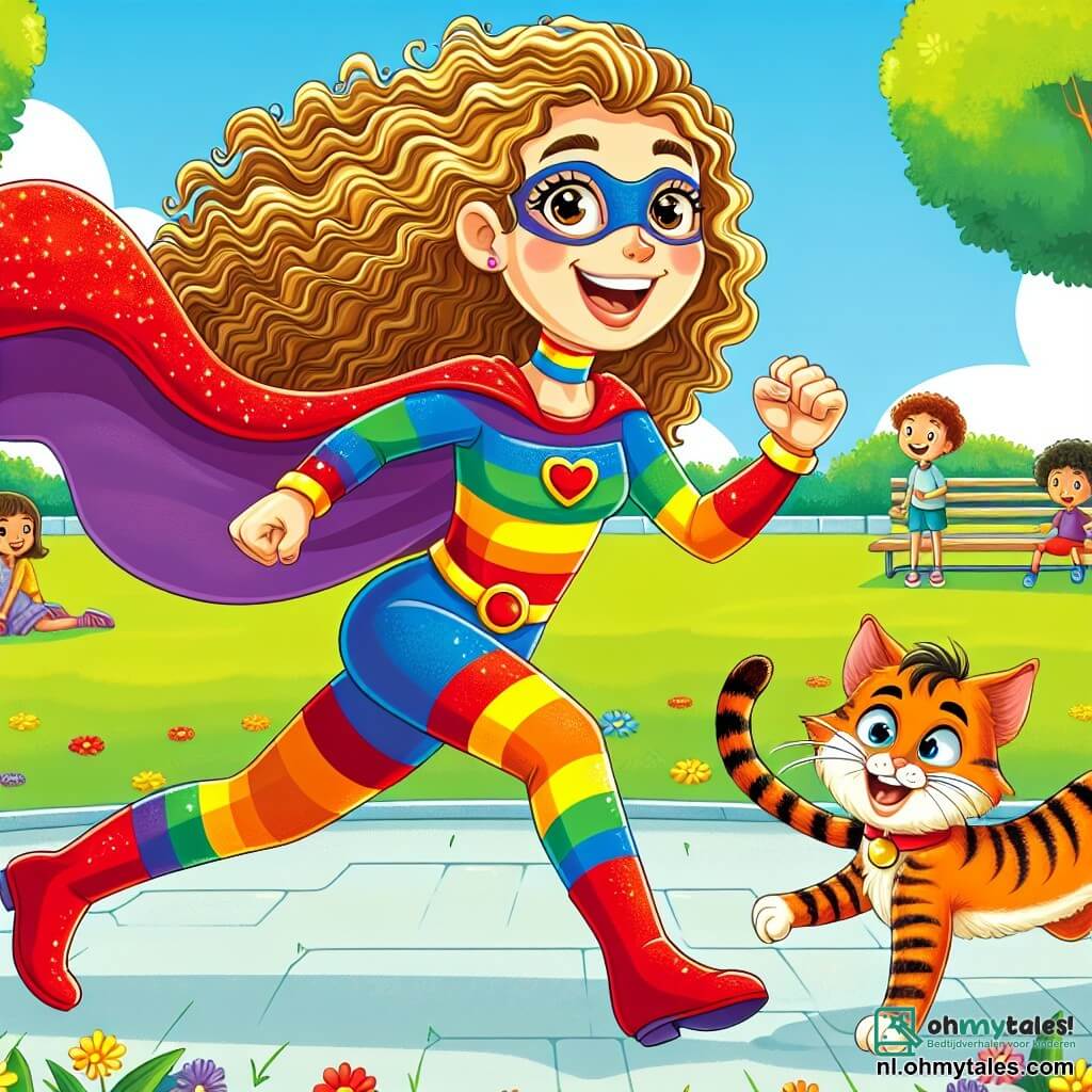 Suus, een vrolijke superheldin, is een vrouw met krullend goudkleurig haar, gekleed in een kleurrijk kostuum met een rode cape die achter haar wappert. Ze heeft een grote glimlach op haar gezicht, haar ogen sprankelen van opwinding terwijl ze probeert haar kat Tijger te vangen, die onzichtbaar is geworden en vrolijk om haar heen danst. Tijger, een ondeugende kat met oranje en zwarte strepen, springt en miauwt, wat een grappig tafereel creëert. Hij is zichtbaar door zijn snelle bewegingen, maar zijn lichaam is omgeven door een lichte wazigheid om zijn onzichtbaarheid te tonen. De scène speelt zich af in een zonnig park, vol weelderige groene bomen en kleurrijke bloemen. Kinderen spelen in de verte, en banken zijn verspreid rond een groot grasveld waar Suus en Tijger zich bevinden. De hoofdactie toont Suus die achter Tijger aanrent, schaterlachend, terwijl voorbijgangers, verrast en geamuseerd, naar de scène kijken met glimlachen op hun gezichten. De sfeer is vrolijk en speels, vol levendige kleuren en positieve energie.