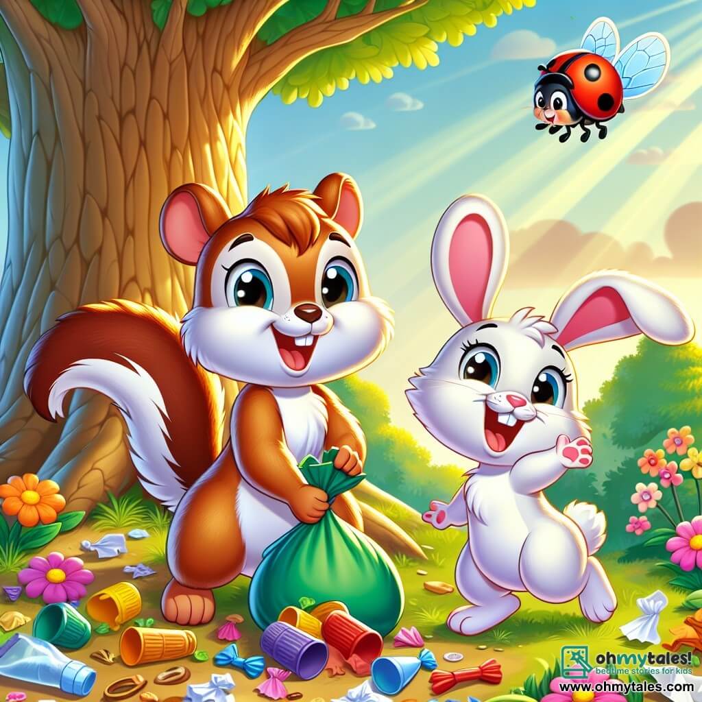 Sammy, a little squirrel with soft brown fur and big sparkling eyes full of determination, is picking up colorful litter from the ground. He has a proud smile on his face, showing his joy in helping nature. Next to him, Benny, an adorable rabbit with large ears and white fur, is happily hopping, holding a piece of paper in his front paws with an enthusiastic expression. Lucy, a small red ladybug with black spots, is flying above them, flapping her wings with excitement, encouraging them to continue their task. The setting is a lush forest with a majestic oak tree at the center, surrounded by colorful flowers and bright green grass. Sunlight filters through the leaves, illuminating the scene with a golden light. The main situation shows Sammy and his friends joyfully cleaning their forest, picking up litter while laughing and singing, transforming their environment into a clean and beautiful place.