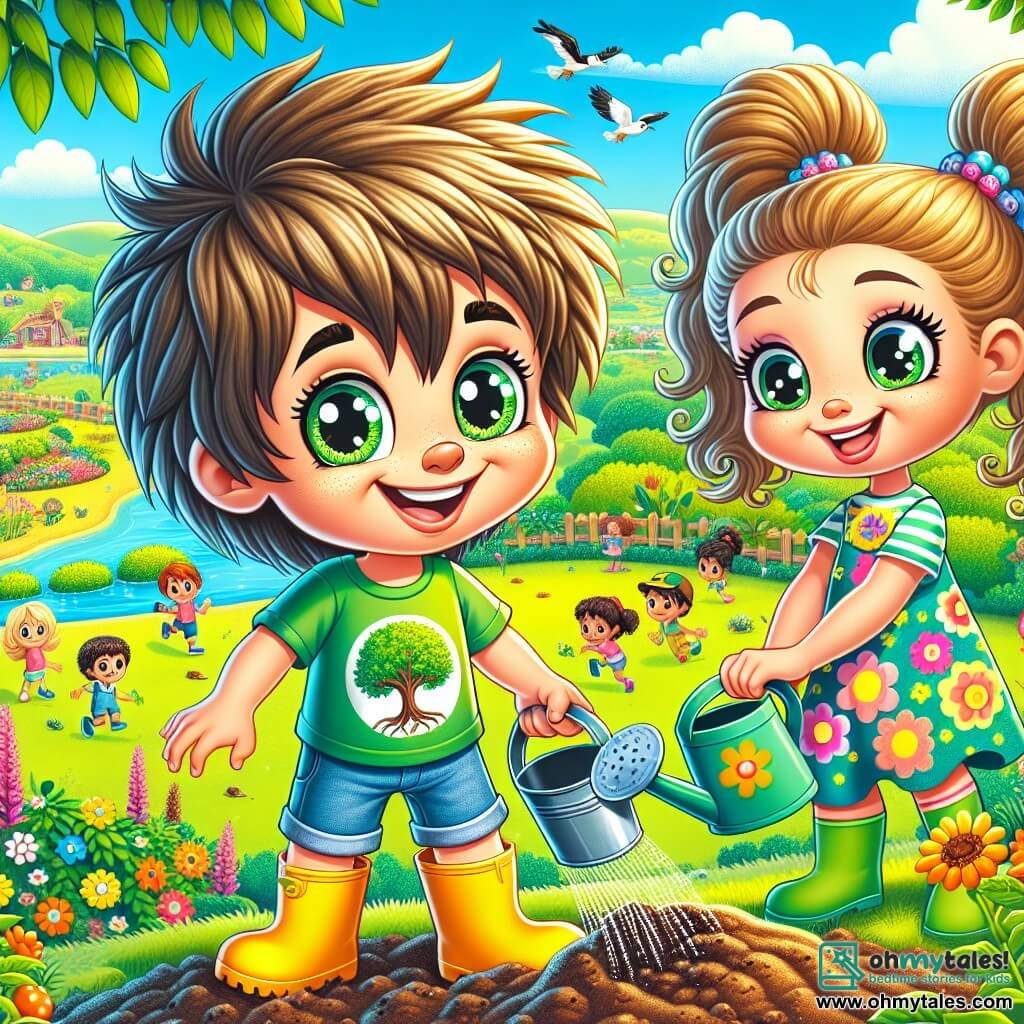 An 8-year-old boy, Leo, with messy brown hair and sparkling curious eyes, stands in the center of the image, smiling enthusiastically as he plants a small seed in fertile soil. He wears a green t-shirt with a tree design and denim shorts, and his yellow rubber boots splash a bit of dirt. Next to him, Mia, a 7-year-old girl with long curly hair tied in two pigtails, looks at Leo with a big smile. She wears a colorful floral dress and holds a watering can, ready to water the seeds they just planted. In the background, Sunnyville Park is vibrant and colorful, with lush trees, bright flowers, and children playing joyfully. The sky is blue with a few white clouds, and birds fly overhead, adding life to the scene. The main focus shows Leo and Mia planting seeds to raise awareness among other children about the importance of caring for the planet, surrounded by peers who encourage and participate in the activity.