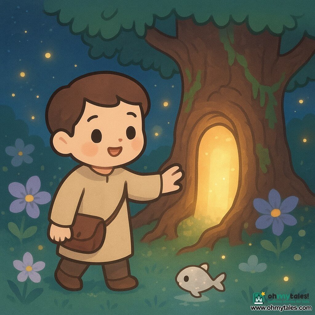 An adult man, Alaric, with a gentle smiling face, round bright eyes and slightly raised brows, wears a simple beige tunic and a worn leather satchel; he walks calmly and reaches toward a glowing doorway formed in the thick intertwined roots of an ancient dark-barked oak, tender and serene as he prepares to enter a forgotten realm. Around the oak, fine hanging vines and pale green moss cover the trunk, and white and violet nocturnal flowers release a faint sparkling pollen; soft blue-green velvet grass, an indigo starry sky and silver moonlight filter through the branches, while warm yellow-orange fireflies drift in blurred clusters. In the foreground a small clear puddle reflects the sky and a tiny silver magical catfish emits a starlit glow and looks up at Alaric by his feet, completing the peaceful, fairy-tale atmosphere.