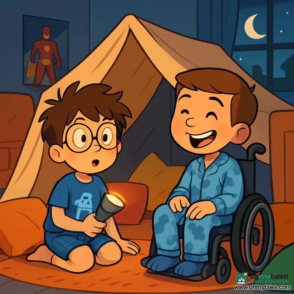 There are two main characters: Oliver, a 9-year-old boy with messy brown hair and round glasses, wearing a blue t-shirt with a robot design and denim shorts. He is sitting on a fluffy rug, wide-eyed, holding a flashlight. Jamie, also 9, has brown hair and a bright smile, sitting in a wheelchair, dressed in blue dinosaur-patterned pajamas, next to Oliver with his hands on his knees, looking curious and reassuring. The scene takes place in a cozy living room illuminated by soft night light, with colorful cushions scattered on the floor and a blanket fort in the center. The walls are decorated with superhero posters, and a window lets in a faint moonlight, creating dancing shadows. The main situation shows Oliver and Jamie in their fort, sharing funny stories to chase away their fear of the dark. Oliver, looking worried, shines his flashlight inside the fort, while Jamie laughs, trying to make the night less scary.