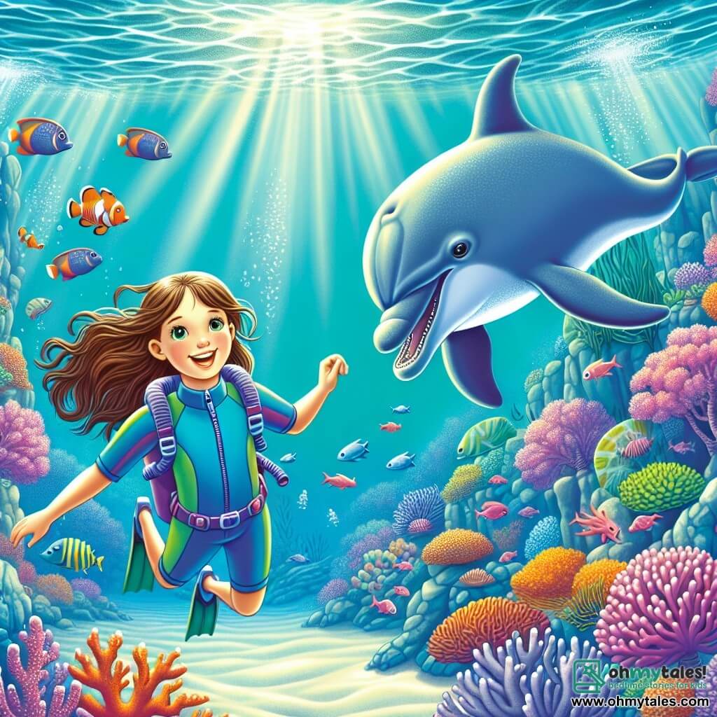 An 8-year-old girl named Lily, with long brown hair floating in the water, wears a blue wetsuit. She has a big, amazed smile on her face, her eyes sparkling with curiosity as she swims joyfully in the ocean. Beside her is a friendly dolphin named Finn, with shiny gray skin, gracefully leaping through the water, seeming to invite Lily to follow him. The scene is a beautiful underwater kingdom filled with colorful corals in vibrant shades of pink, purple, and orange, with tropical fish swimming around them. Sunlight filters through the water's surface, creating shimmering patterns on the sandy ocean floor. The main focus shows Lily and Finn exploring a magical underwater world, discovering a sparkling coral castle surrounded by cheerful sea creatures and a dancing kelp forest.