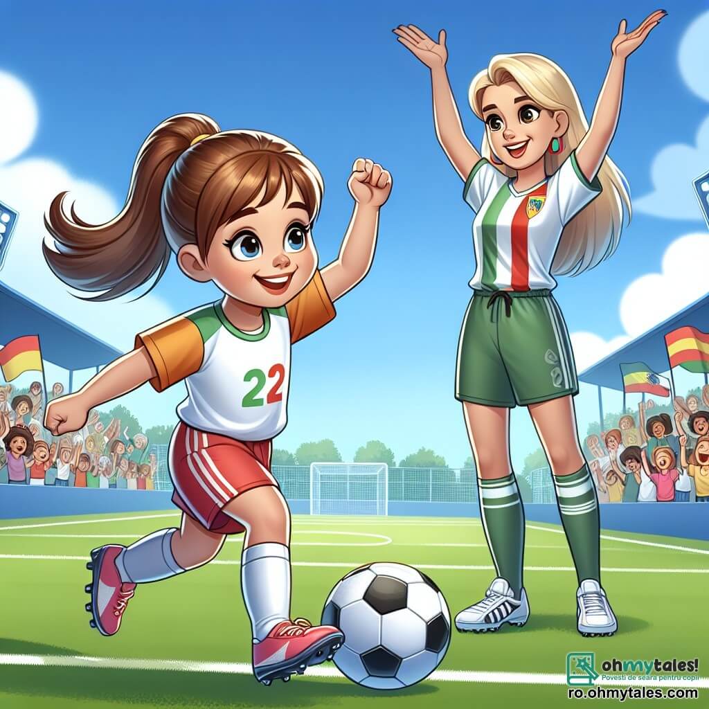 În centrul imaginii, Andreea, o fetiță de 12 ani, driblează un mingea de fotbal cu un zâmbet mare pe față, ochii ei strălucind de bucurie și determinare. Are părul brun prins într-o coadă de cal, poartă un tricou colorat de fotbal și șorturi, precum și încălțăminte sport. În dreapta ei, Ana Popescu, o femeie de aproximativ 30 de ani, jucătoare celebră de fotbal, o încurajează cu un zâmbet mândru, cu brațele ridicate în semn de aplauze. Ana are părul lung și blond, poartă un tricou al echipei naționale și pantaloni sport, stând pe teren cu o atitudine încrezătoare. Decorul se desfășoară pe un teren de fotbal verde, sub un cer albastru strălucitor, cu spectatori entuziaști în fundal, ținând steaguri și pancarte de susținere. Situația principală o arată pe Andreea în plină acțiune, realizând un dribling impresionant, în timp ce Ana o observă cu admirație, simbolizând visul unei fetițe care aspiră să devină o mare jucătoare de fotbal, inspirată de idolul ei.