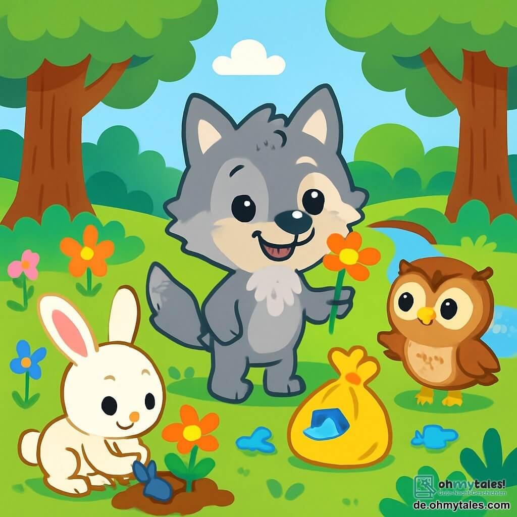 Ein kleiner grauer Wolf namens Wuschel mit weichem Fell und funkelnden Augen steht stolz in der Mitte der Szene und hält eine bunte Blume in seiner Pfote. Zu seiner Rechten schaut eine kleine Eule namens Emma mit bewundernden großen runden Augen zu Wuschel auf, ihre Flügel leicht geöffnet, bereit zu fliegen. Links gräbt ein kleiner weißer Hase namens Felix mit großen Ohren und neugierigem Gesicht in den Boden, um eine neue Blume zu pflanzen, mit einem konzentrierten und entschlossenen Ausdruck. Der Ort ist ein wunderschöner, grüner Wald, gefüllt mit leuchtenden Blumen, großen Bäumen und einem glitzernden Bach, der durch die Landschaft fließt. Die Hauptsituation zeigt die Tiere, die zusammenarbeiten, um den Wald zu reinigen, Abfälle aufzusammeln und Blumen zu pflanzen, was eine fröhliche und kooperative Atmosphäre schafft, voller Leben und Farben.