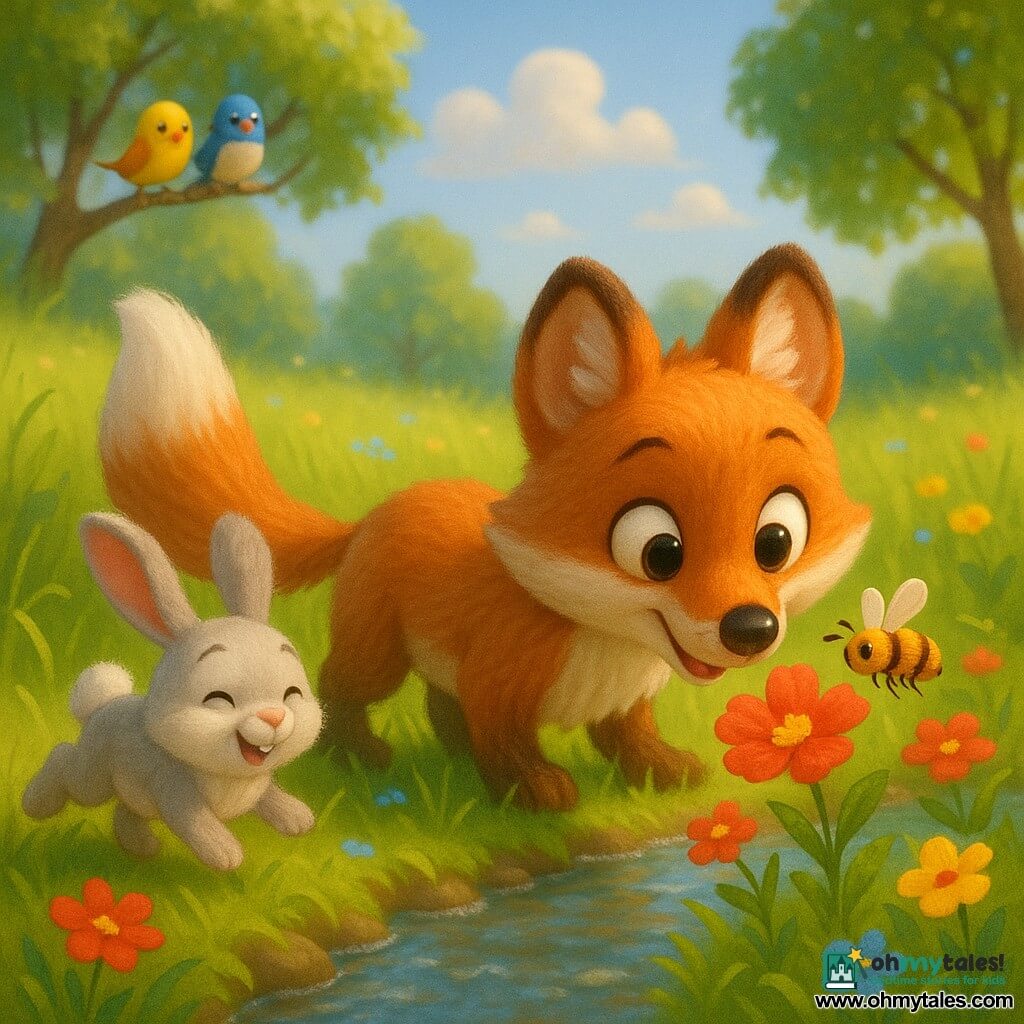 Small red fox with soft fur, white chest and fluffy tail sniffing flowers by a clear stream; a small grayish-white rabbit with floppy ears hops to the fox’s left through tall grass; a yellow-and-black bee buzzes over a nearby red flower; two colorful birds perch on a background branch; green meadow with clumps of flowers, young trees, pale blue sky and warm morning light—a joyful spring morning scene centered on the two friends by the stream.