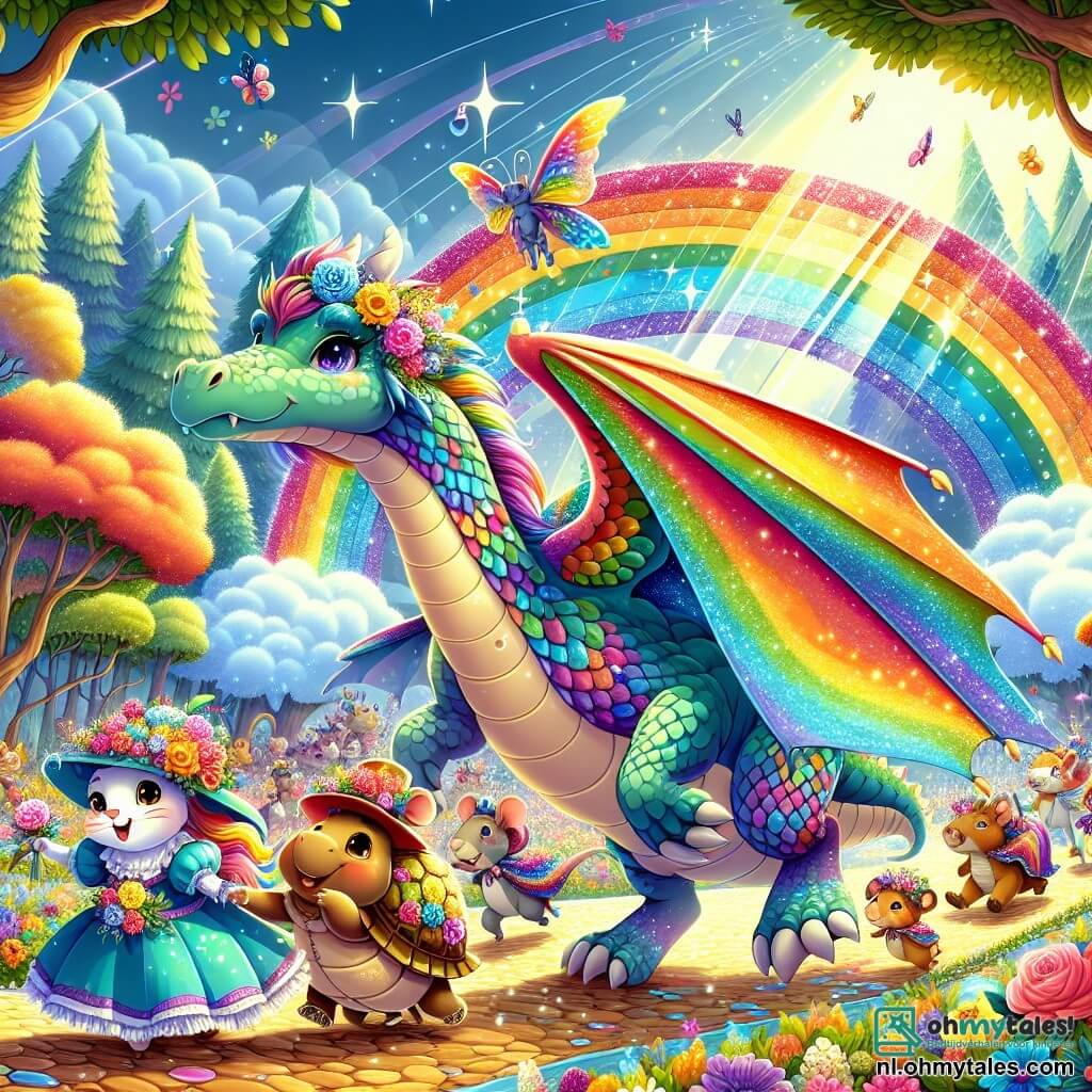 Arco, de regenboogdraak, is een majestueus personage met glanzende schubben in alle kleuren van de regen, zijn ogen sprankelend van vreugde en opwinding. Hij vliegt boven een kleurrijke parade, zijn vleugels uitgespreid, en laat een spoor van felle kleuren achter die de lucht verlichten. Naast hem danst een kleine muis met fonkelende sterren op zijn kostuum, met een verlegen maar trotse glimlach, terwijl een oude schildpad met een langzaam maar vastberaden pas, die een bloemenhoed draagt, trots aan het hoofd van de processie voortschrijdt, met een uitdrukking van wijsheid en geluk. De locatie is een prachtig betoverd bos, vol met kleurrijke bloemen, majestueuze bomen en zonnestralen die door het loof filteren, waardoor een magische en gastvrije sfeer ontstaat. De hoofdscène toont de parade van het Regenfestival, waar alle dieren, groot en klein, samen optrekken, hun verschillen en gelijkheid vieren in een feestelijke en blije sfeer, waar iedereen zich gewaardeerd en gerespecteerd voelt.