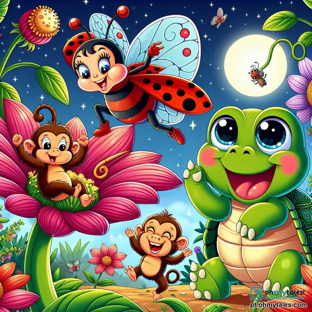 Uma joaninha alegre chamada Lili, com asas vermelhas salpicadas de pequenas manchas pretas, dança sobre uma grande pétala de flor colorida, seu rosto radiante de felicidade e empolgação. Ao lado dela, um macaco travesso chamado Mico, com pelagem marrom e olhos brilhantes, balança de um galho para o outro, rindo alto. Não muito longe está Tuga, uma tartaruga sábia com uma carapaça verde decorada, que sorri fazendo caretas engraçadas para fazer seus amigos rirem. O jardim está cheio de flores gigantes de cores vibrantes, com pétalas que brilham sob a luz da lua, criando uma atmosfera mágica. A cena mostra Lili e seus amigos participando de uma competição alegre de risadas, cercados por outros animais curiosos que os incentivam e riem juntos neste jardim encantado.