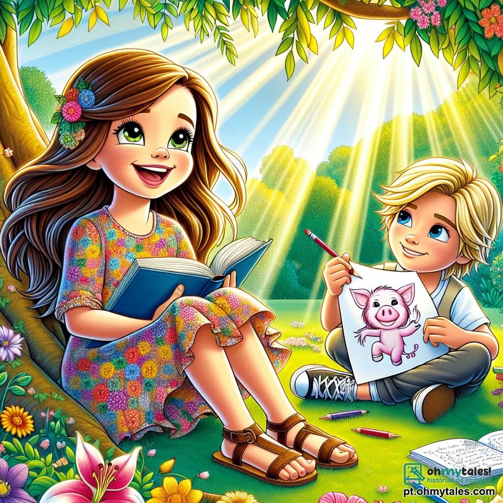 No primeiro plano, uma menina de 10 anos, Clara, com longos cabelos castanhos e olhos brilhantes de alegria, sorri amplamente enquanto segura um livro ilustrado nas mãos. Ela usa um vestido colorido com flores e sandálias, sentada na grama verde do parque, cercada por flores vibrantes. Ao lado dela, seu melhor amigo Léo, um garoto de 10 anos com cabelos loiros e olhos azuis, está desenhando um porquinho rosa em uma folha de papel, com uma expressão concentrada no rosto. Eles estão sentados sob uma grande árvore com galhos folhosos, onde raios de sol penetram pelas folhas, criando um jogo de sombras e luzes no chão. A cena transmite uma atmosfera de felicidade e cumplicidade, ilustrando sua amizade sincera enquanto compartilham histórias e risadas juntos.