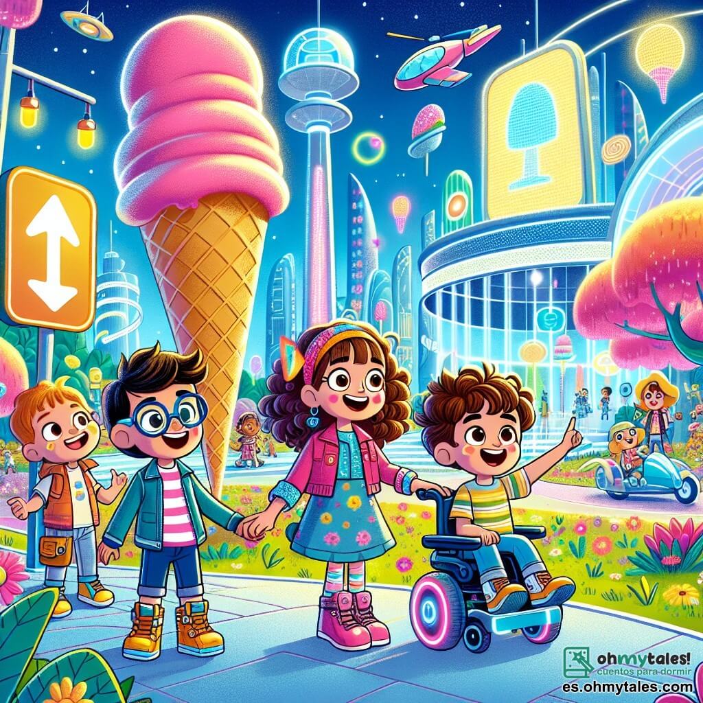 En un parque futurista de Brillopolis, cuatro amigos están juntos. Lía, una niña de 8 años con cabello rizado y brillante, sonríe sosteniendo un gran cucurucho de helado rosa. A su lado, Tomás, un niño de 9 años con gafas y una gorra colorida, señala un cartel luminoso que indica el camino. Sofía, una niña de 7 años en una bonita silla de ruedas de colores vivos, observa con asombro los árboles danzantes a su alrededor. Por último, Leo, un niño de 6 años con cabello despeinado y una camiseta a rayas, salta de alegría sosteniendo un pequeño robot en forma de helado. El parque está lleno de flores cantantes de colores brillantes y árboles con troncos centelleantes, mientras coches voladores se deslizan suavemente en el cielo azul. En el centro, un gran edificio brillante se alza, con luces intermitentes y pantallas que muestran imágenes alegres. Los amigos descubren un botón secreto en la pared de un robot de helado gigante, lo que desencadena la apertura de una puerta misteriosa que lleva a un laboratorio de innovación, donde pueden crear juntos un nuevo sabor de helado.