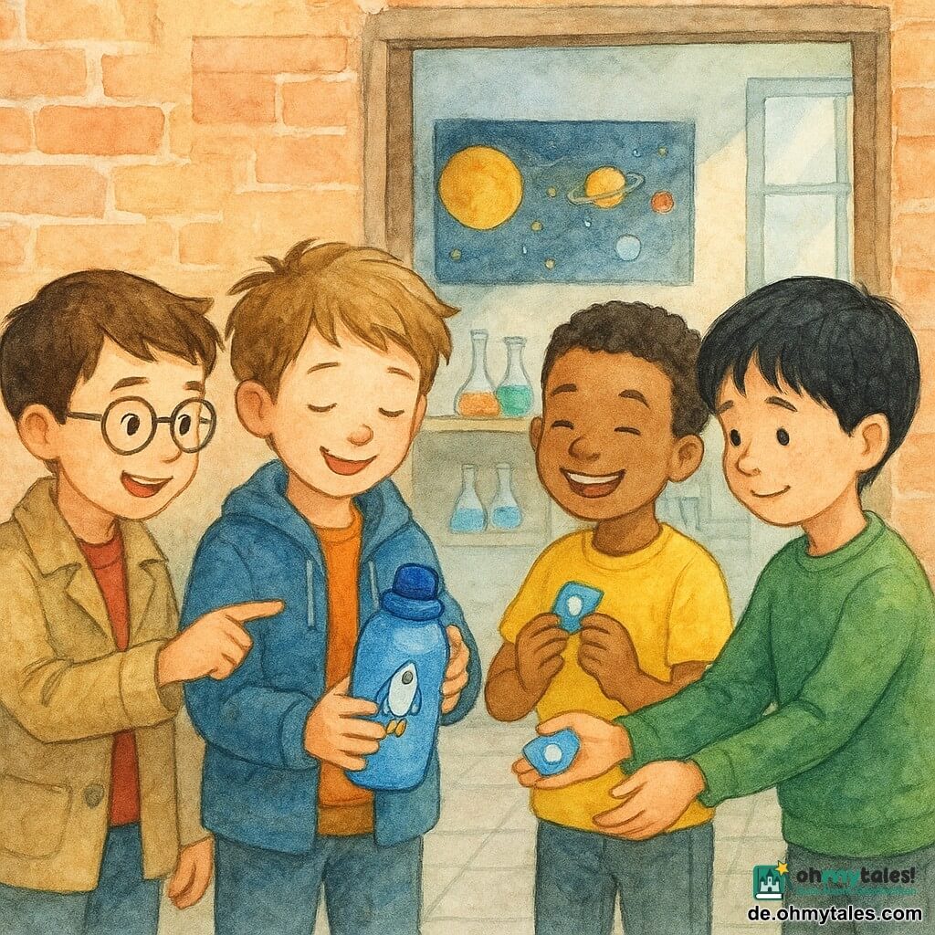 Vier Jungen: Jonas (7) mit zerzausten hellbraunen Haaren und blauer Jacke hält erleichtert eine blaue Trinkflasche mit Raketenmotiv; links Emil (7) mit kurzen braunen Haaren, runden Brillen und beigem Mantel zeigt stolz mit dem Finger auf die Flasche; rechts Karim (7) mit gebräunter Haut und gelbem T‑Shirt lacht und hält einen kleinen blauen Aufkleber; etwas zurückhaltend Tom (8) mit schwarzen Haaren und grünem Pullover reicht schüchtern und reumütig die Flasche zurück. Vor der offenen Tür eines kleinen Schullabors mit hellen Ziegelwänden, Holztisch mit leuchtenden Reagenzgläsern, Poster eines Sonnensystems und hellem Morgenlicht: die vier jungen Ermittler feiern ruhig und freundschaftlich, Fokus auf der zurückgegebenen blauen Trinkflasche.