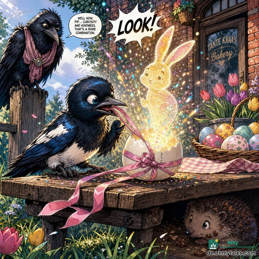 Pip, eine junge Elster mit glänzend schwarz-blauem Gefieder, hält mit dem Schnabel eine rosa Satinschleife und beginnt, eine Doppelschleife von einem milchweißen Ei auf einem alten Holztisch zu lösen; Tante Kraa, eine alte Krähe mit struppigem Gefieder, sitzt links auf einem Zaunpfosten und beobachtet, Momo, ein runder Igel mit weichen Stacheln und Schokokrümeln, sitzt rechts unter dem Tisch und schnüffelt neugierig, während ein kleiner, translucenter Licht-Hase aus goldenen und pastellfarbenen Staubpartikeln aus dem Ei auftaucht und farbige Funken sprüht; Bäckereigarten am Morgen mit bemalten Eiern im Korb, kariertem Tuch, pastellfarbenen Tulpen, nassem Gras und Backsteinfassade; zentraler Moment: die rosa Schleife wird gezogen, das Ei öffnet sich und ein goldener Konfettoschein färbt die Umgebung.