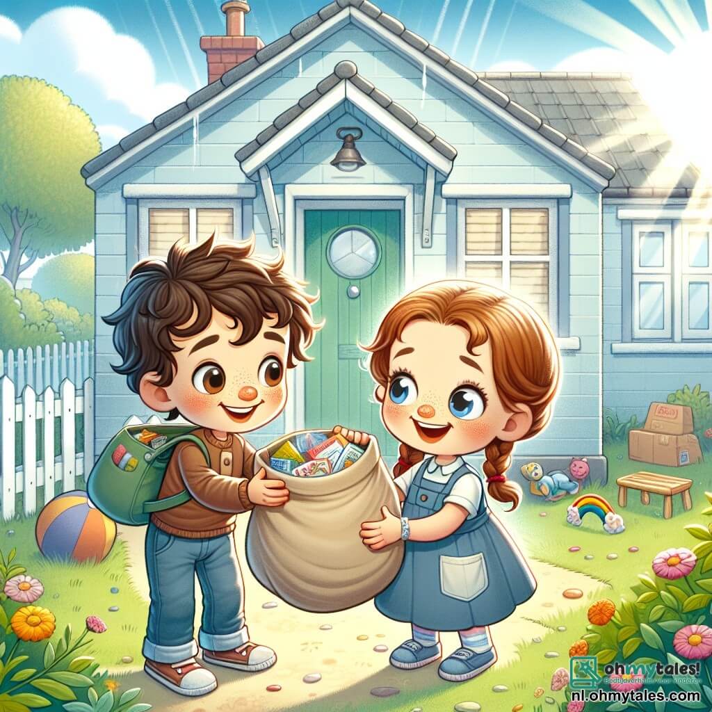 Twee kinderen, een achtjarige jongen genaamd Sam met krullend bruin haar en een stralende glimlach, staat links en houdt een grote tas vol boodschappen vast. Naast hem staat Noor, een achtjarig meisje met twee mooie vlechten en sprankelende ogen, die enthousiast naar de tas van Sam kijkt. Ze staan voor een bescheiden, lichtblauwe huis met licht beschadigde witte luiken. De tuin is gevuld met kleurrijke bloemen, maar er liggen ook speelgoedjes verspreid op de grond, wat wijst op een gebrek aan middelen. De scène toont Sam en Noor die de boodschappentas aan Emma geven, een klein meisje van hun leeftijd, dat voor de deur staat met een verwonderde en dankbare blik. De zon schijnt in de lucht, verlicht hun blije gezichten, terwijl een lichte bries de bladeren van de omringende bomen laat dansen.