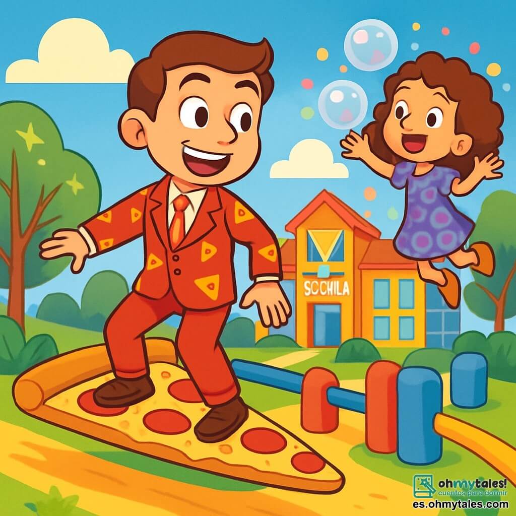 Un hombre sonriente llamado Sergio, con un traje rojo y amarillo decorado con motivos de pizza, está sobre una tabla de pizza gigante, deslizándose alegremente a través de un campo de obstáculos. Sus ojos brillan de emoción y su sonrisa es amplia, mostrando su alegría por participar en la competencia. A su lado, una niña llamada Lucía, de unos 10 años, flota en el aire, rodeada de burbujas de colores que estallan en confeti. Tiene el cabello rizado y lleva un vestido violeta adornado con motivos de burbujas. El escenario es una escuela de superhéroes, con edificios de colores vivos, árboles con hojas brillantes y un cielo azul salpicado de nubes esponjosas. La situación principal muestra a Sergio utilizando su poder cómico para deslizarse a gran velocidad en su tabla de pizza, mientras Lucía se prepara para lanzar una burbuja mágica hacia él, creando una atmósfera de competencia amistosa y alegría.