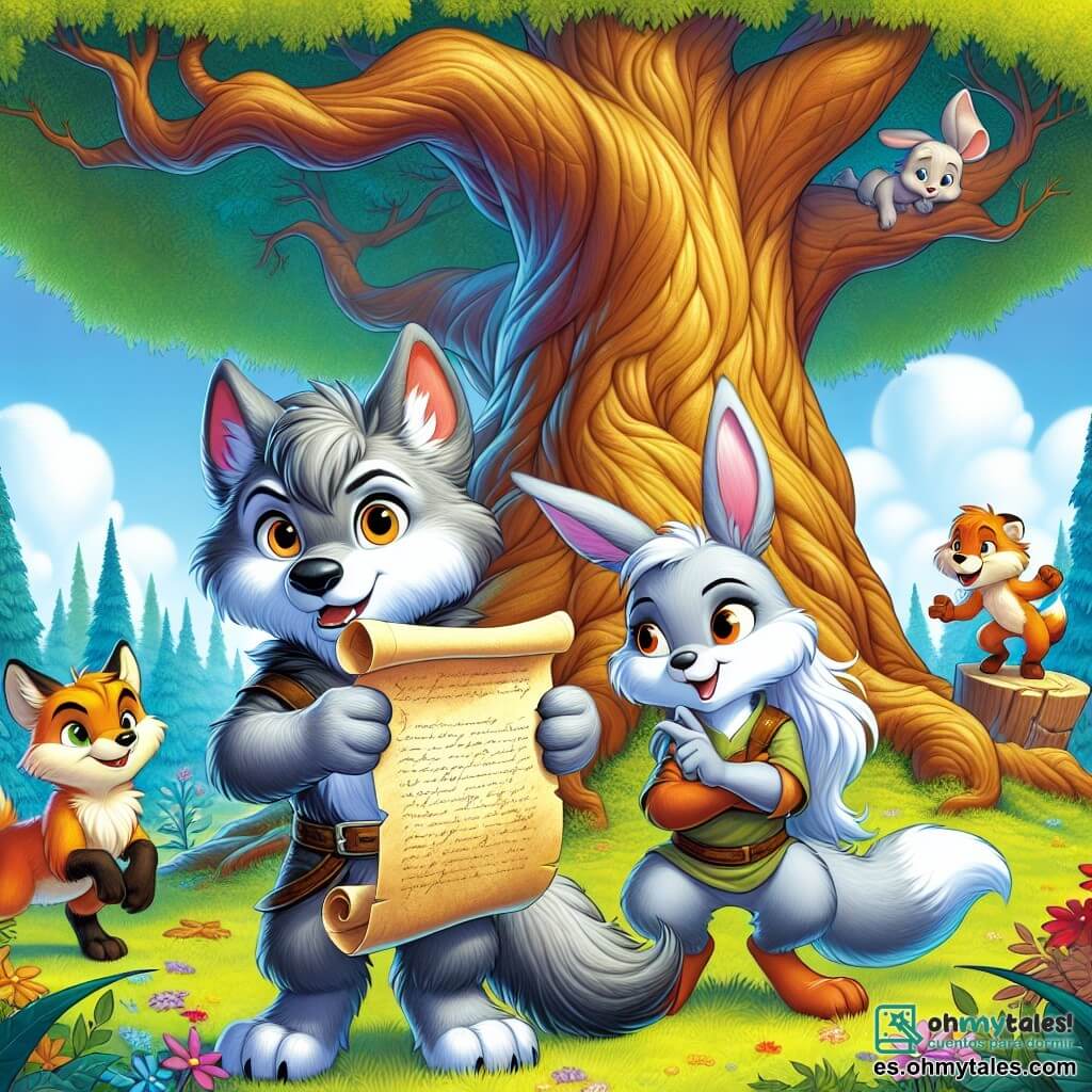 Luno, un pequeño lobo de pelaje gris sedoso y ojos brillantes de curiosidad, está de pie junto a un viejo árbol majestuoso, sosteniendo un viejo pergamino en sus patas delanteras, con una expresión decidida y emocionada. A su lado, Mila, una bonita zorra de pelaje rojo brillante y ojos traviesos, observa el pergamino con una sonrisa intrigada, con las orejas levantadas. Bruno, un gran oso marrón con una mirada dulce y amigable, está sentado sobre un tocón, con los brazos cruzados y una expresión de concentración, mientras que Rina, una ágil conejita de grandes orejas blancas, salta a su alrededor, llena de energía y entusiasmo. El lugar es un claro soleado, rodeado de árboles con hojas verdes brillantes y flores coloridas esparcidas por el suelo. En el centro, un antiguo árbol con raíces nudosas y un tronco ancho parece susurrar secretos del pasado. La situación principal muestra a Luno y sus amigos descubriendo el misterioso pergamino, listos para resolver el enigma que los llevará a una emocionante aventura en el corazón del carnaval del bosque.