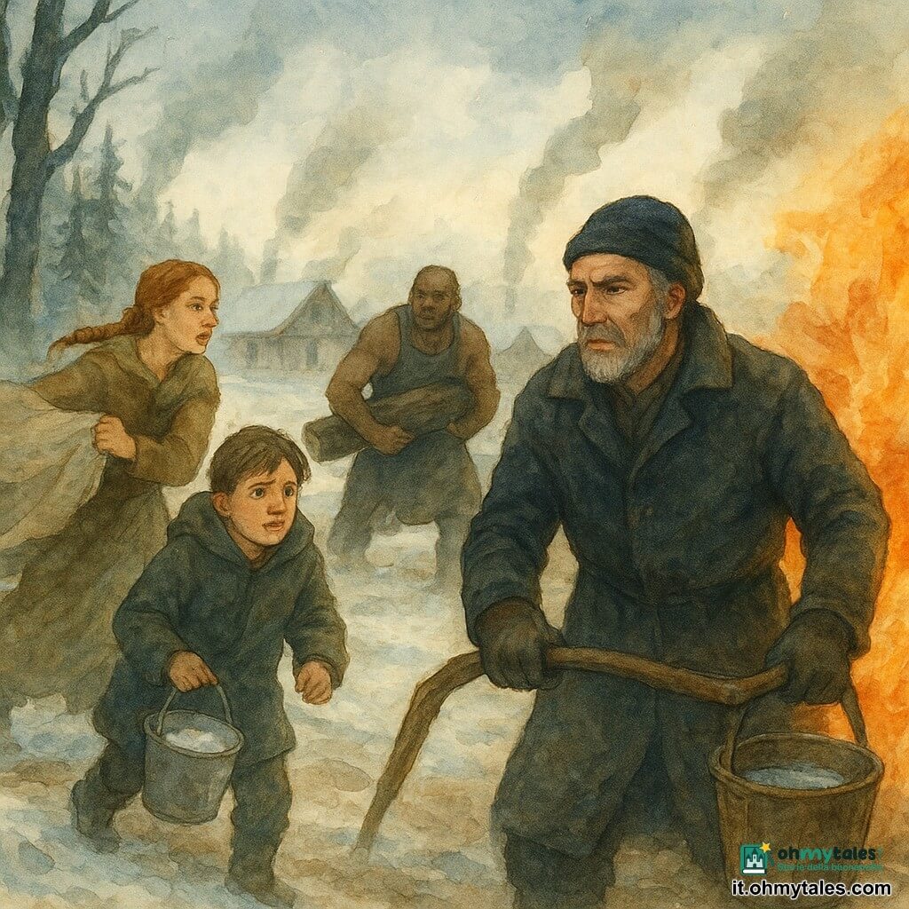 Un uomo adulto, Einar, dal viso segnato e barba corta grigia, avvolto in un manteau di lana scuro, guantato, mano su un bastone curvo e l'altra con un secchio d'acqua; una donna adulta, Astrid, capelli rossi intrecciati, espressione protettiva, corre verso le case con una pelle bagnata per soffocare scintille, a sinistra di Einar; un uomo adulto, Bjorn, corpulento e muscoloso con grembiule da fabbro, solleva un tronco per aprire una trincea tagliafuoco sullo sfondo a destra; un ragazzo di circa 12 anni, Leif, impaurito ma determinato, con un cappotto troppo grande porta un piccolo secchio di neve ai piedi di Einar; Hakon, il capo, severo ma sollevato, osserva con le braccia incrociate leggermente indietro; luogo: la lisière di una pineta con neve calpestata e tronchi neri bruciati, una strada di terra imbottata di neve fondente e case di legno in lontananza con colonne di fumo verso un cielo pallido; scena principale: i paesani formano una catena di secchi passando acqua e neve per spegnere fiamme arancioni e scintille che si spengono al contatto, atmosfera tesa ma solidale, resa con tratti acquerellati fluidi e texture granulose.