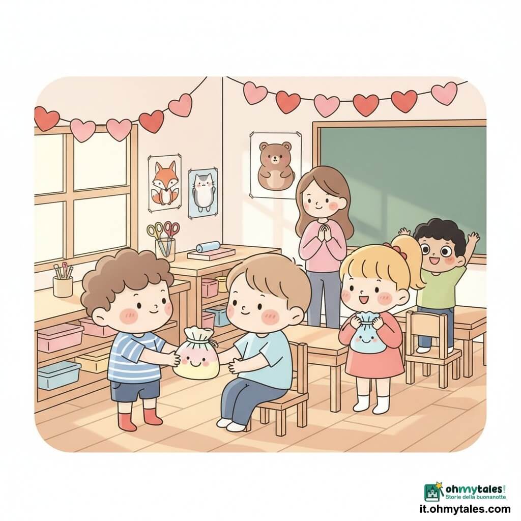 Matteo, bambino di circa 6 anni, viso rotondo, guance rosate, capelli castani corti leggermente mossi, in maglietta a righe blu e bianca e calzini rossi, sorride timido offrendo un piccolo sacchetto colorato con un disegno sorridente; Anna, bambina di circa 6 anni con capelli biondi legati in codini, applaude felice tenendo un sacchetto simile; Samir, bambino di circa 6 anni con capelli neri corti, è in piedi sulla sedia sullo sfondo con occhi vivaci e mani alzate; Leo, nuovo arrivato di circa 6 anni con capelli castano chiaro, seduto vicino alla finestra osserva timido il sacchetto; l'insegnante, donna intorno ai 30 anni con capelli castani sciolti, osserva con benevolenza; aula piccola e luminosa decorata con ghirlande di cuori rossi e rosa, tavoli in legno chiaro, poster di animali e un banco per il collage con forbici e nastri; scena centrale: momento caldo e semplice in cui Matteo offre a Leo un regalo di San Valentino vicino alla finestra, luce solare dolce, atmosfera gioiosa, colori pastello e tratti rotondi ed espressivi.