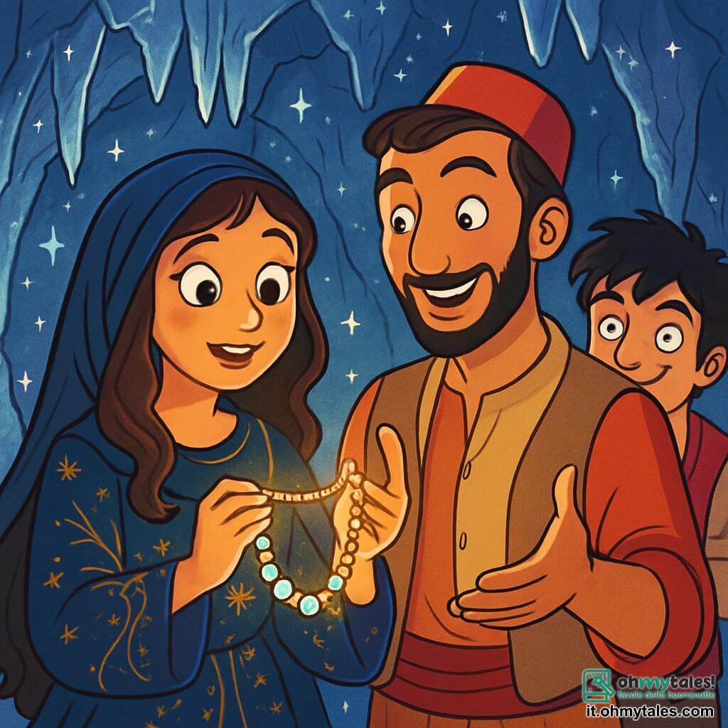 Safiya, una giovane donna dal viso luminoso e dagli occhi pieni di curiosità, si trova al centro della scena, tenendo un collier scintillante tra le mani. Indossa un abito fluido in velluto blu notte, decorato con motivi dorati che brillano alla luce. La sua espressione è sia meravigliata che determinata. Accanto a lei c'è Aladdin, un uomo di circa trent'anni, con una barba curata e occhi brillanti come stelle. Sorride calorosamente, ascoltando attentamente Safiya e gesticolando con entusiasmo. Un po' in disparte, Talib, un giovane di circa vent'anni, con uno sguardo malizioso e capelli neri in disordine, osserva la scena con un sorriso complice, pronto a intervenire. La scena si svolge in una grotta magica, con pareti scintillanti come diamanti e stalattiti luccicanti che cadono dal soffitto. Luci danzanti illuminano lo spazio, creando un'atmosfera da favola. Safiya, Aladdin e Talib scoprono insieme il collier incantato, simbolo di saggezza e speranza, in un momento di rivelazione ed eccitazione, circondati dalla bellezza abbagliante della grotta.
