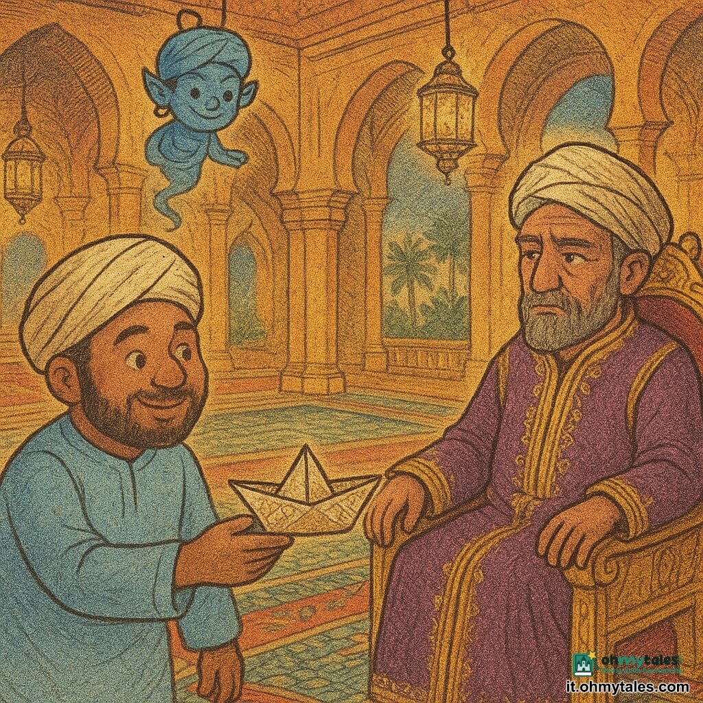 Samir, volto rotondo, pelle abbronzata, occhi neri e barba corta, sorride e porge una piccola barca di carta al Sultano; indossa una tunica azzurro cielo e un turbante crema macchiato di sabbia. Il Sultano, uomo di 50 anni, è seduto su un alto trono dorato, volto pensieroso ma sereno, veste porpora ricamata d'oro e osserva Samir da destra. Un piccolo djinn fluttuante con turbante azzurro e orecchie dorate appare in alto a sinistra e sorride malizioso. Ambientazione: grande sala del palazzo dorato di Zafir con colonne ocra, tappeti rossi e verdi, centinaia di lanterne che diffondono luce calda, mosaico lucente a terra e palme visibili dalle finestre; Samir attraversa un piccolo fiume interno su una fragile barca di carta decorata d'oro, mentre il Sultano lo attende sulla riva, scena calma, colorata e ispirata alle Mille e Una Notte.