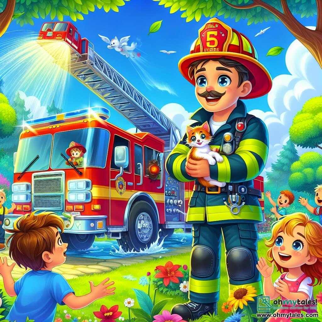A firefighter named Mr. Billy, smiling and brave, wears a shiny yellow helmet and a sparkling red jacket. He stands next to his large red fire truck, eyes sparkling with excitement as he holds a small kitten in his arms. Beside him is an 8-year-old boy named Tommy, with messy brown hair and a blue t-shirt, looking on in admiration with his arms raised as if he wants to help. A little further away, a 6-year-old girl named Lucy, with long blonde hair and a pink dress, is joyfully mimicking the sound of a fire truck. The scene takes place in a green park with majestic trees and colorful flowers under a blue sky dotted with fluffy white clouds. The main situation shows Mr. Billy rescuing a kitten stuck in a tree, surrounded by children who watch in wonder, all united by a spirit of cooperation and adventure.