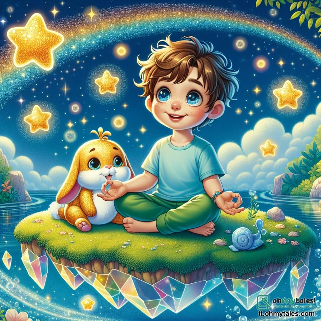Un ragazzo di 8 anni, Leo, con occhi brillanti e un sorriso radioso, è seduto in posizione di loto su un'isola galleggiante, circondato da stelle scintillanti. Indossa una maglietta azzurro chiaro e un pantaloncino verde, con i capelli castani in disordine che riflettono il suo entusiasmo. Leo respira profondamente, le mani sulle ginocchia, con un'espressione di serenità e gioia. Accanto a lui, il suo peluche, un adorabile coniglietto di stoffa, è rannicchiato, apparendo rilassato e felice. Un pesce rosso, Gillo, nuota nell'aria intorno a loro, creando bolle dorate. Il luogo è un'isola magica, coperta di muschio verde e morbido, con rocce di cristallo scintillanti. Il cielo è blu profondo, punteggiato di stelle brillanti. Leo pratica la respirazione profonda, ispirando la magia della notte, mentre Gillo lo guida in una dolce meditazione e il peluche lo incoraggia con tenerezza, creando un'atmosfera di calma e benessere.