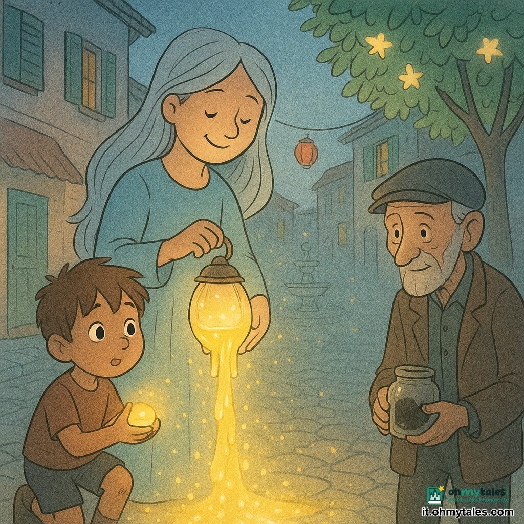 Una donna di nome Lira, volto rotondo e sorriso dolce, capelli lunghi argentati come seta, tiene una lanterna che versa una luce liquida dorata; accanto a lei a sinistra un bambino di circa sei anni, ginocchio sbucciato, capelli castani spettinati e occhi stupiti, tiene una piccola sfera di luce tra le mani; a destra, in disparte, un vecchio venditore d'ombre magro di circa settant'anni con giacca consumata osserva sollevato tenendo un barattolo d'ombra aperto; la scena si svolge in una viuzza lastricata fiancheggiata da case con persiane colorate, un albero con foglie lucenti e una lieve foschia blu che si dissolve mentre la lanterna crea una cascata di luce dorata trasformando l'aria in piccole lucciole e facendo sorridere i personaggi.