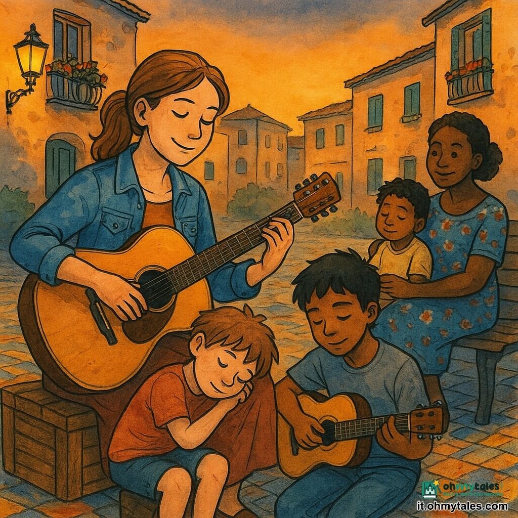 Livia, giovane donna dal sorriso dolce e sguardo sereno, capelli castano chiaro raccolti in coda, in giacca di jeans e gonna lunga, è seduta su una cassa di legno e suona una chitarra verniciata cantando una ninna nanna lenta; un bimbo di 6 anni con capelli arruffati e pantaloni corti è seduto per terra con la testa sulle ginocchia della madre, occhi socchiusi; Marco, adolescente di circa 17 anni in maglietta grigia e jeans, la accompagna con una piccola chitarra; la madre adulta, circa 30 anni, con un semplice vestito a fiori, tiene il bambino addormentato in grembo e sorride; la piazza del quartiere lastricata con mosaico colorato, lampioni caldi e balconi fioriti al crepuscolo crea un'atmosfera calma, intima e rasserenante.