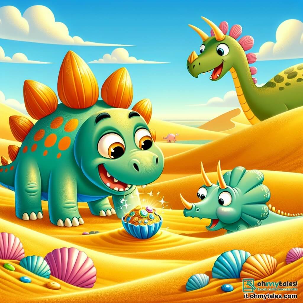 Un stegosauro di nome Tito, con la pelle verde e placche dorsali colorate di blu e arancione, guarda con meraviglia un tesoro scintillante sepolto sotto la sabbia dorata del deserto. I suoi grandi occhi brillano di curiosità ed eccitazione. Accanto a lui, un triceratopo di nome Lina, con la pelle rosa e tre corna sulla fronte, sorride gioiosamente aiutando Tito a scavare il tesoro. Più lontano, un apatosauro di nome Gigi, con un lungo collo e pelle verde, si piega per osservare cosa hanno trovato i due amici, mostrando un grande sorriso. Il paesaggio è un vasto deserto soleggiato, con dune di sabbia dorata che si estendono a perdita d'occhio e un cielo blu punteggiato di nuvole bianche e soffici. La scena principale mostra Tito e i suoi amici che scoprono un piccolo tesoro di conchiglie e pietre colorate, circondati dall'immensità del deserto, pieni di gioia e avventura.