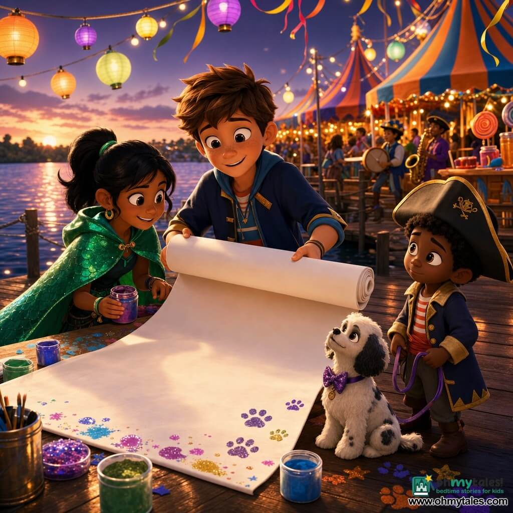 A 12-year-old boy with a round, freckled face, short tousled brown hair and large bright eyes, enthusiastic and focused, delicately holding a large rolled white banner ready to unfurl; to his left, a lively tomboyish 12-year-old girl (Mara) with black hair in a ponytail, a mischievous smile and a shiny green mermaid-scale cape, holding a paint jar; slightly in front, a shy 6-year-old boy (Leo) wearing a pirate hat leads a small dog in a bow tie (Sir Sprinkles) sitting at the banner's base and looking proud. Setting: lakeside at dusk with varnished wooden docks, colorful lantern garlands overhead, orange-and-blue striped tents, candy stands and musicians in the background, golden reflections and ribbons on the water. Main moment: preparing to unfurl a banner reading "VIVE LE CARNAVAL" laid out on a table with paints and glitter around, warm festive colors and a light breeze, 3D cel-shaded cartoon style with saturated contrasts, soft lantern lighting, smooth textures and crisp details (visible glitter, paint marks, paw print on the banner).