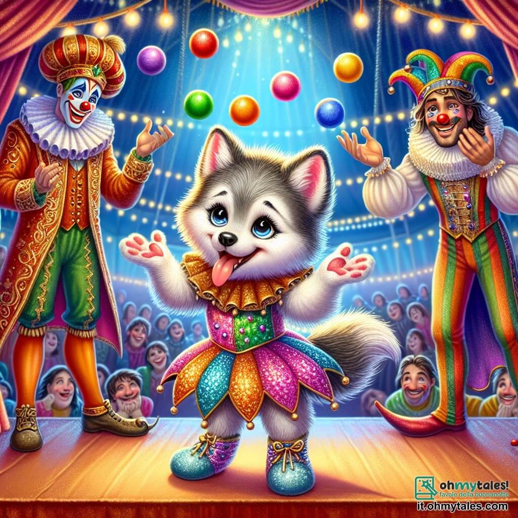 Un piccolo lupo con un pelo morbido e setoso, dagli occhi scintillanti di malizia, si trova al centro della scena con un sorriso radioso. Indossa un costume colorato, decorato con paillettes luccicanti, e gioca goffamente con palline multicolori, sollevando le zampe in un gesto gioioso. Alla sua destra, un uomo alto e snello, vestito con un elegante costume da giocoliere e un cilindro, osserva il lupo con un sorriso benevolo, pronto ad aiutarlo. A sinistra, un clown con il viso dipinto di colori vivaci, un naso rosso e capelli disordinati, ride divertito delle disavventure del lupo. La scena si svolge sotto un grande tendone da circo, pieno di luci scintillanti e decorazioni colorate, mentre il pubblico, seduto su panchine di legno, applaude entusiasta. Il piccolo lupo, nel suo tentativo di giocolare, fa cadere una palla che atterra in una vasca d'acqua, provocando un divertente schizzo che fa ridere ancora di più il pubblico e gli altri artisti.