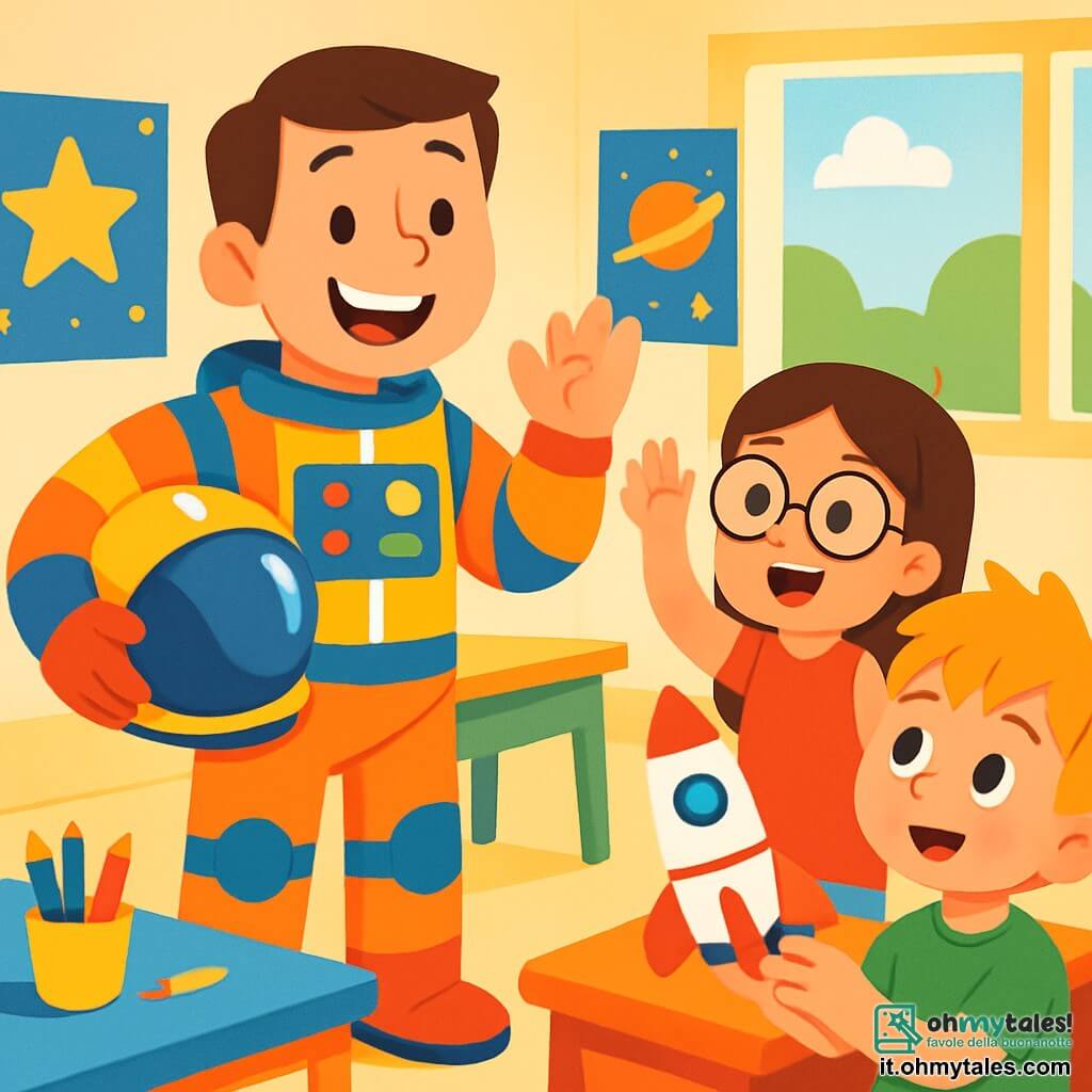 Un astronauta di nome Luca sorride felice, indossando una tuta spaziale brillante e tenendo un casco sotto il braccio. Accanto a lui, Martina, una bambina di 8 anni con lunghi capelli castani e occhiali rotondi, alza la mano in segno di incoraggiamento, mentre Tommaso, un ragazzo di 7 anni con capelli biondi, lo guarda con ammirazione tenendo un razzo di carta. La scena è ambientata in un'aula luminosa decorata con poster di stelle e pianeti, con banchi colorati pieni di matite e libri sull'universo. Luca spiega con entusiasmo il suo viaggio verso Marte, mentre Martina e Tommaso lo ascoltano con meraviglia. L'atmosfera è gioiosa e piena di sogni di avventure spaziali.