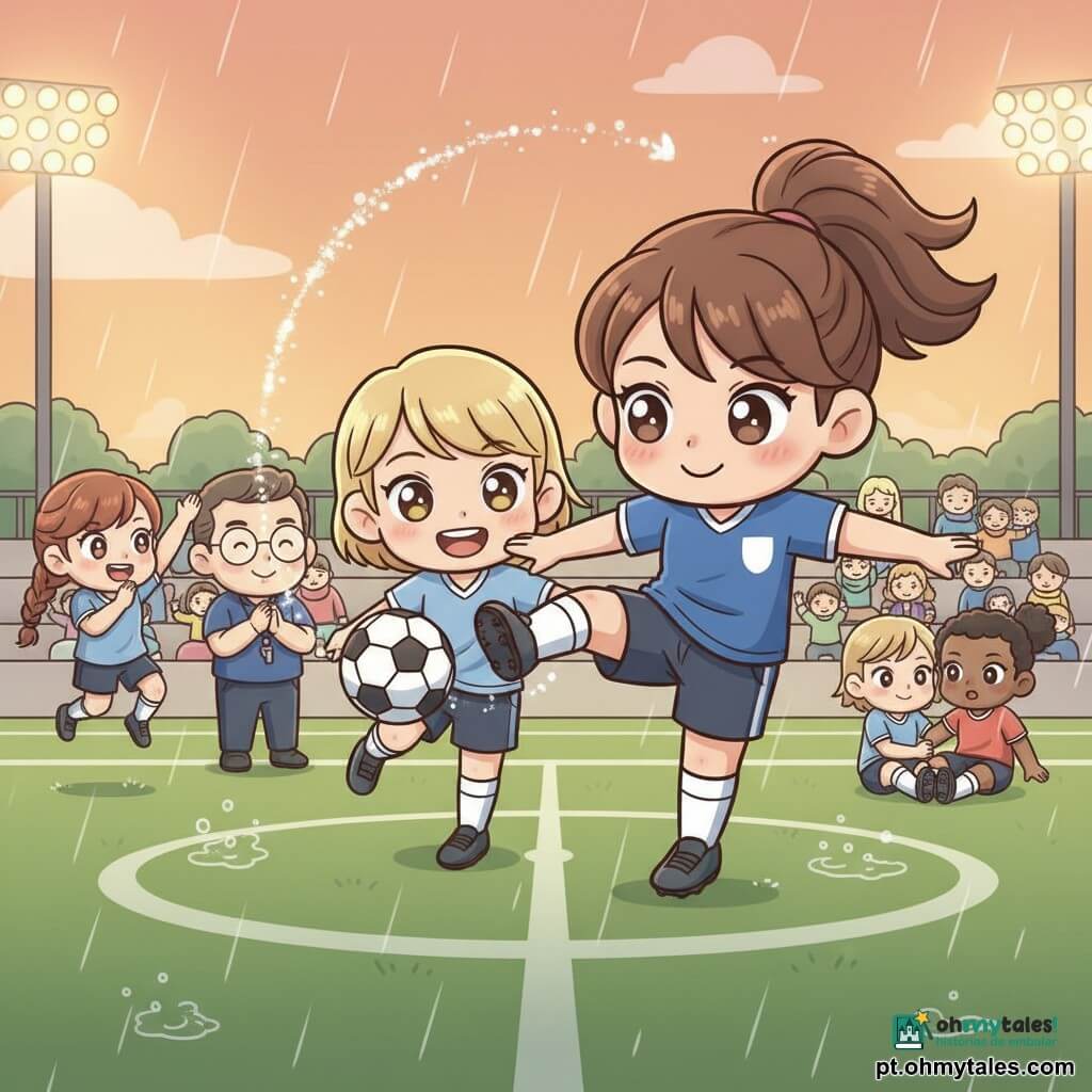Mariana, jovem, cabelos castanhos em rabo-de-cavalo, sorrindo e concentrada, veste uniforme de futebol azul e caneleiras brancas, faz um passe longo aéreo com o pé direito; Inês, adolescente de cabelo curto loiro, rosto alegre, recebe na área com o pé esquerdo, ligeiramente em direção ao gol, à frente de Mariana; Sofia, 12–13 anos, cabelos castanhos em trança, no fundo saltitando e aplaudindo à esquerda do campo; treinador, homem ~40 anos, óculos redondos e apito, sorri e aplaude na linha lateral; uma adversária sentada na relva, surpresa, é ajudada a levantar por uma colega, gesto de fair-play; campo gramado e húmido com brilho de chuva leve, linhas brancas nítidas, pequenos bancos com famílias agasalhadas, postes de luz acesos criando luz quente de fim de tarde; composição clara, cores vivas e pastel, contornos definidos, expressões exageradas e olhos brilhantes estilo chibi, atmosfera acolhedora, ação congelada com o passe curvando-se pelo ar em luz, bola redonda com padrão simples no centro e gotas de chuva cintilantes ao redor para dar movimento.
