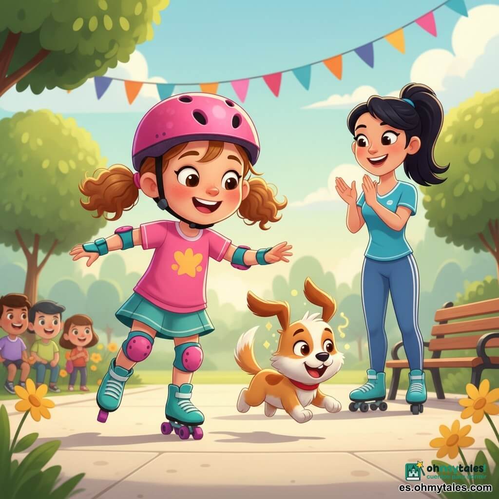 Una niña de 2 años, alegre y asombrada, cabello castaño claro rizado en dos coletas, lleva casco rosa brillante, rodilleras coloridas y patines turquesa; patina con pasitos sonriendo. Un perro pequeño mágico llamado Rayo, marrón claro con manchas blancas, ojos brillantes y cola en movimiento, corre a su lado saltando y la mira con entusiasmo. Una entrenadora de unos 28 años, sonriente, pelo negro en coleta y ropa deportiva azul, aplaude desde la derecha junto a un banco. Parque soleado con suelo liso de hormigón claro, banderines coloridos, árboles redondeados y flores amarillas; público difuminado. Practican piruetas simples en un pequeño desafío de patinaje, gestos suaves y ambiente festivo de colores vivos y luz matinal suave.