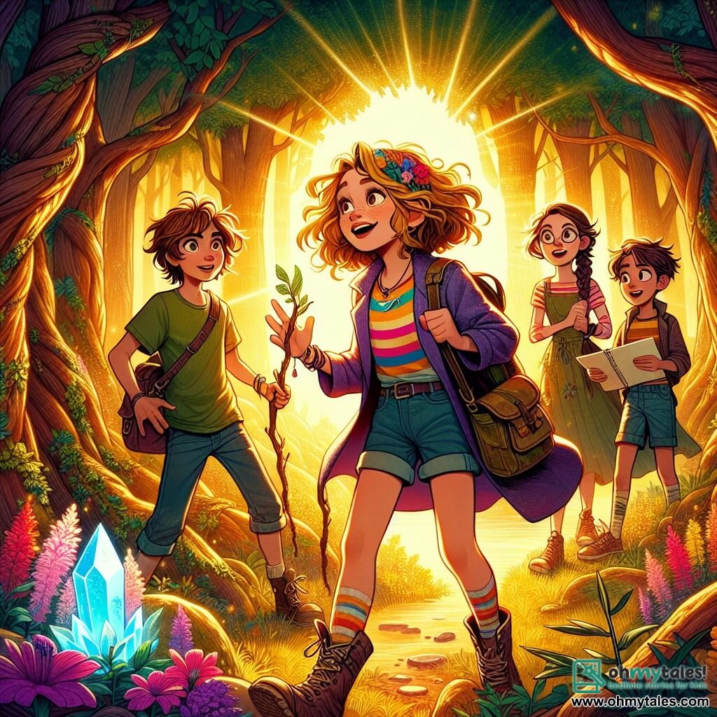 Elara, an 11-year-old girl with curly golden hair, stands in the center of the image, her face lit up by an excited smile. She wears a colorful striped shirt and denim shorts, with a backpack filled with adventure treasures. Her eyes sparkle with curiosity as she observes a beautiful shimmering crystal in the heart of the forest. Next to her, Max, an 11-year-old boy with messy brown hair, leans forward with wide eyes of fascination. He wears a green t-shirt and worn sneakers, holding a branch as a walking stick, ready to explore. Lila, a 10-year-old girl with braided brown hair, stands slightly back, a knowing smile on her face, holding a sketchbook, ready to capture the moment. The setting is an enchanted clearing, surrounded by gnarled trees with shimmering leaves, bathed in golden light filtering through the foliage. Colorful flowers grow at their feet, and a gentle stream murmurs nearby, adding a touch of magic to the atmosphere. The main scene shows Elara and her friends discovering the magical crystal in the clearing, a moment of pure wonder and adventure, as they prepare to make a wish and delve into the mysteries of the enchanted forest.