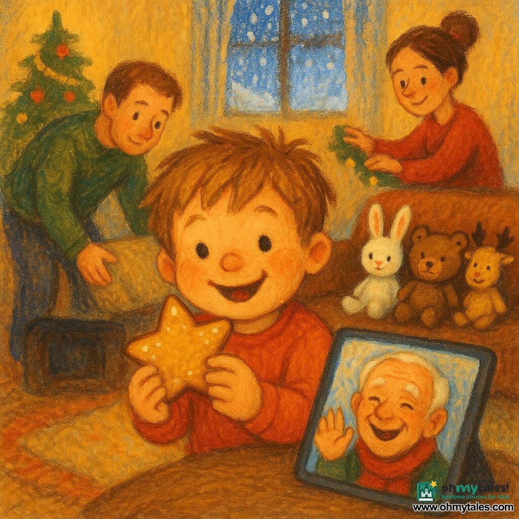 A 4-year-old boy with a round face, rosy cheeks and tousled light brown hair, smiling with bright eyes, holds a large star-shaped cookie near a tablet and reaches toward the screen; a smiling mother with tied brown hair in a red sweater stands behind him adjusting a garland on the sofa to the right; a crouched father in a green sweater places a cushion on the left with a gentle, protective look; an elderly grandfather with a wrinkled face and red scarf appears on the tablet laughing and waving; three plush toys—a white rabbit, a brown bear and a small beige reindeer—sit on the sofa facing the tablet; warm living room interior with a small unlit fireplace, fluffy rug, a compact Christmas tree decorated with yellow garlands and red baubles, a frosted window with falling snow outside; main scene: a cozy, intimate Christmas video call where the boy shows his cookie to his grandfather, warm colors, thick visible oil-pastel textures, soft contrasts, and a snug festive atmosphere.