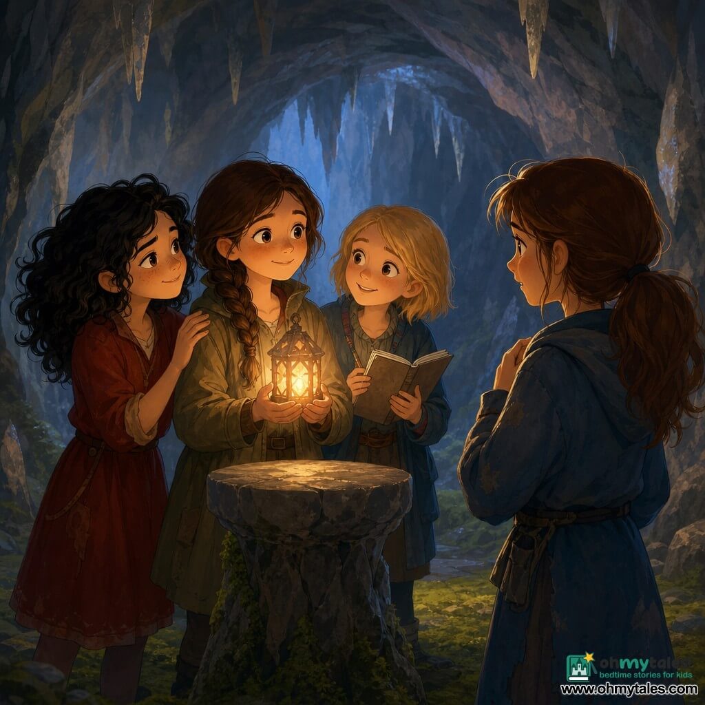 Four girls in a welcoming cave: Hana, ~12, dark brown braided hair, soft eyes, wearing a khaki jacket, holding a small glowing stone lantern at the center facing Mara; Mira, ~11, curly black hair, mischievous smile, red rolled-up dress, left of Hana with a hand on her shoulder; Lila, ~11, short blonde hair, holding an open sketchbook and pencil, right of Hana, marveling at the light; Mara, ~12, brown hair in a ponytail, surprised and moved, wearing a slightly worn blue coat, a few steps away ready to embrace. The cave has bluish-gray stone walls, thin stalactites, emerald moss on the floor and a stone pedestal; the warm lantern light casts long round shadows, bathing faces in intimate amber and ochre tones against the cool blues of the cave, conveying reconciliation, quiet courage, relief and budding smiles.