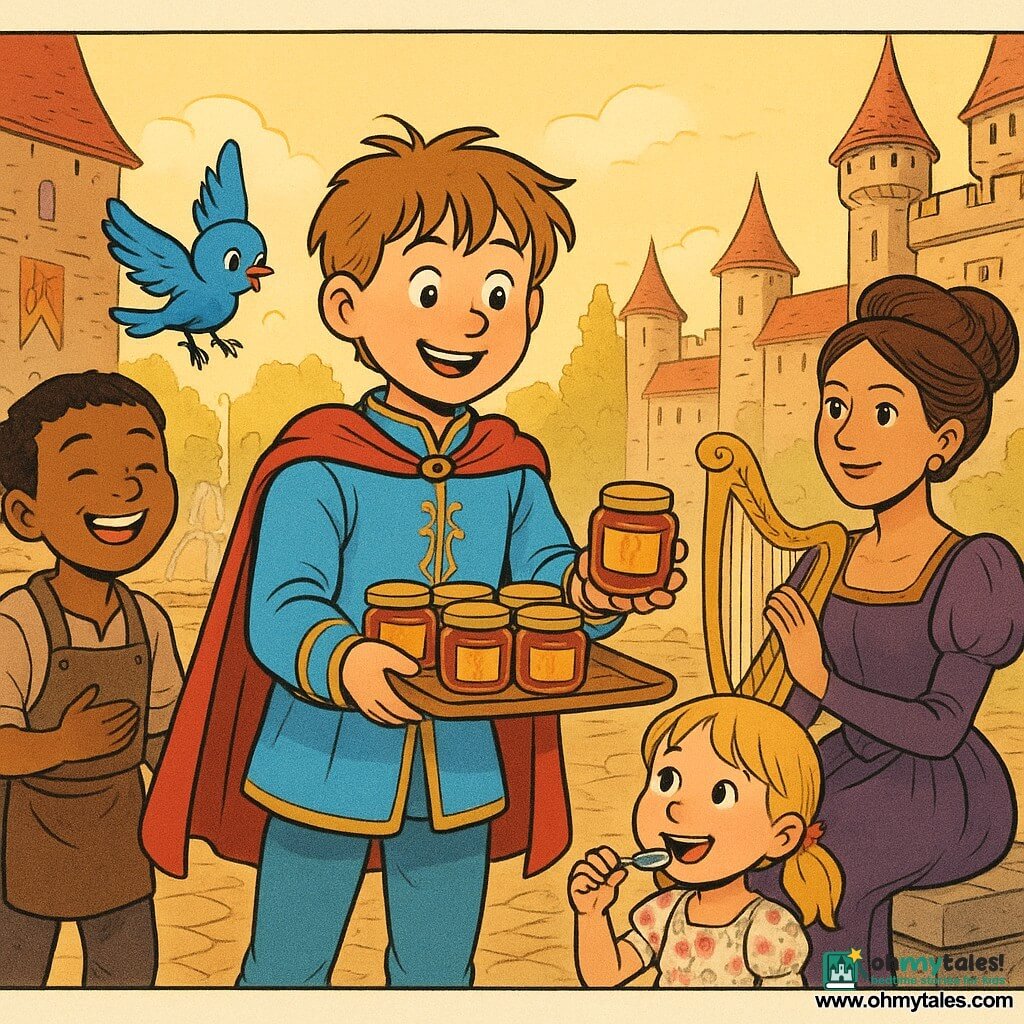 A young prince, about 10, round smiling face, messy light brown hair and bright eyes, wearing a sky-blue tunic embroidered with gold and a small red cape, holds a wooden tray of jam jars with gold labels and offers one forward with a gentle, enthusiastic gesture. The queen, about 35, brown hair in an elegant bun, deep purple dress with puffed sleeves, sits on a small stone bench to the prince’s right, watching proudly with a golden harp beside her. A baker’s daughter, about 7, blonde pigtails and a flour-streaked floral dress, stands before the prince tasting jam with a small spoon, eyes wide with joy. A shoemaker boy, about 10, short black hair and a leather apron, stands to the prince’s left with a smear of jam at his mouth, laughing as he wipes his hand on his trousers. A small blue bird with a bandaged wing hovers above the tray, singing with bright feathers and a grateful look. The scene is on a large warm stone-paved square with sculpted stone fountains arcing sparkling water, golden and red banners on the palace towers in the background, bathed in golden twilight. Main situation: the prince distributes handmade jars of jam to village children on the palace square, warm atmosphere, benevolent gestures, shared smiles, vivid colors and detailed textures (paving, embroidered fabric, reflections on jars).