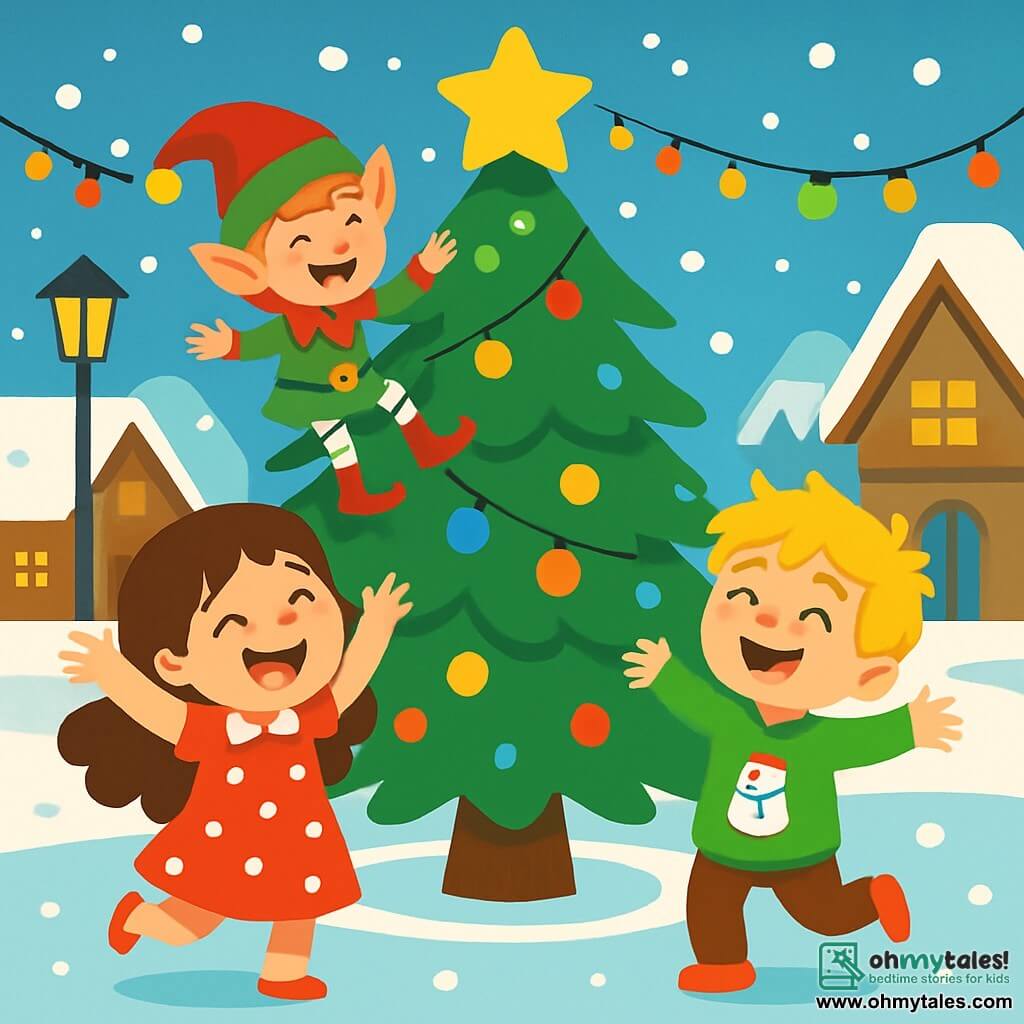 There are three characters: - Lily: a 4-year-old girl with long brown hair, wearing a red dress with white polka dots. She is joyfully laughing with her arms raised near the Christmas tree. - Jack: a 4-year-old boy with messy blonde hair, dressed in a green sweater with a snowman. He is dancing around the tree, a big smile on his face. - Eddie the Elf: a mischievous little elf with red hair, wearing a red hat and shiny shoes. He is perched on a branch of the tree, laughing and holding a string of lights. The setting is a charming village square decorated for Christmas. A large sparkling fir tree stands in the center, surrounded by gently falling snowflakes. Colorful lights hang from the lampposts, and wooden houses with snow-covered roofs surround the square, creating a warm and festive atmosphere. The main scene shows Lily, Jack, and Eddie laughing together, their joyful sounds making the tree lights sparkle. The children are full of energy, with stars in their eyes, while Eddie the Elf performs pirouettes on the branch, adding a touch of magic to this enchanted Christmas scene.