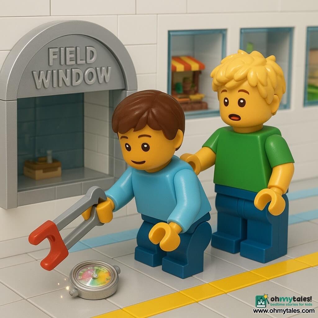 Two characters: Boy 1 (Milo), about 6, short brown hair, calm face with large curious eyes, wearing a light blue sweater and jeans, kneeling left of a yellow safety line and using a long gray LEGO grabber with a small red rubber hand to reach a small silver round watch just beyond the line; Boy 2 (Sam), about 6, messy blond hair, surprised but reassured expression, wearing a green T‑shirt and red sneakers, standing to Milo’s right, holding Milo’s sleeve and watching the watch admiringly. Setting: a bright white futuristic LEGO lab with a smooth floor and blue light lines, glass shelves with small dioramas (boat, ancient market, scroll), a large shimmering silver arch labeled FIELD WINDOW, and a clearly painted yellow safety line in front of the arch. Main scene: the two LEGO children cautiously retrieving a duplicated timepiece that glows faintly with rainbow lines and small visual sparks; Milo uses the LEGO grabber to lift the watch without crossing the yellow line while Sam stays close, tense but safe, with crisp colors and strong light contrast.