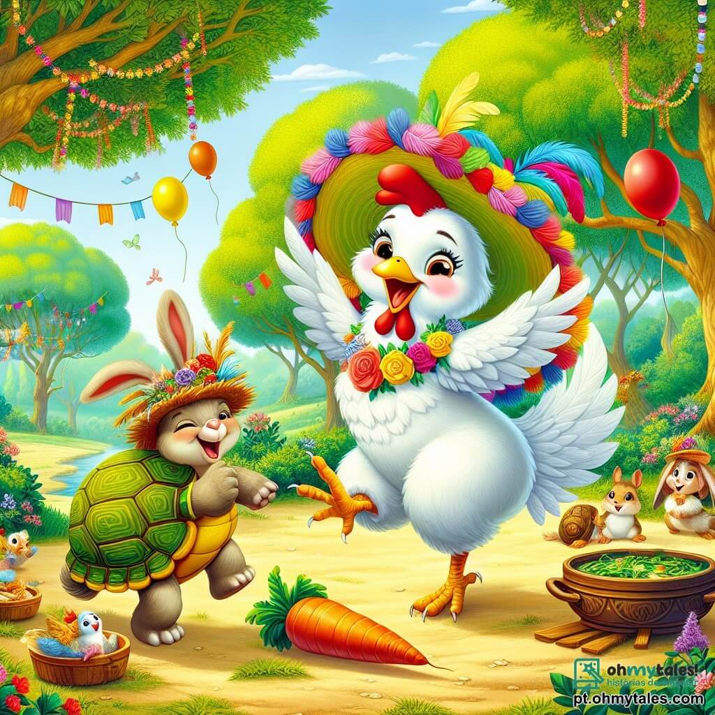 Uma galinha chamada Matilde, com penas brancas brilhantes e um pequeno chapéu colorido, dança alegremente no centro de uma clareira ensolarada, seu rosto radiante de felicidade e excitação. Ao lado dela, um coelhinho travesso chamado Cascudo, com grandes orelhas e pelagem marrom, segura uma cenoura gigante, rindo e pulando no lugar. Perto dali, uma tartaruga chamada Dona Lenta, com uma carapaça verde decorada com flores, sorri suavemente enquanto prepara um prato de sopa de algas em uma pequena mesa de madeira. Ao fundo, majestosas árvores com folhas verdes vibrantes cercam a clareira, enquanto flores coloridas dançam ao vento, criando uma atmosfera festiva e alegre. A cena mostra Matilde e seus amigos se preparando para uma grande festa, cheia de risos e camaradagem, com balões e guirlandas pendurados nos galhos.