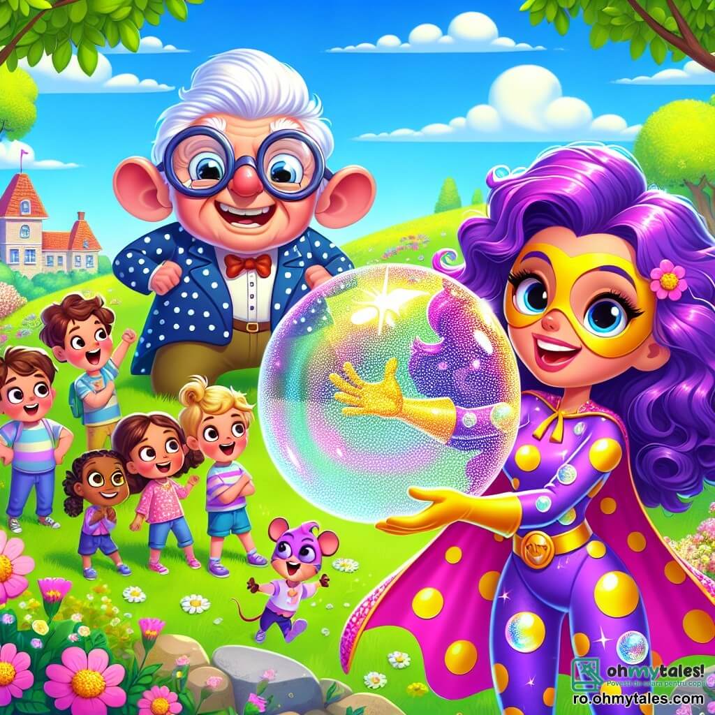 Lila, o supereroină veselă, este o tânără cu părul lung și ondulat de culoare violetă, purtând un costum colorat cu modele de bule de săpun. Ea zâmbește larg, cu ochii strălucind de entuziasm, ținând în mâini un uriaș balon de săpun strălucitor. Lângă ea se află profesorul Purceluș, un șoricel mic de aproximativ 60 de ani, cu ochelari mari și rotunzi și o cămașă cu buline. El o observă cu un zâmbet mândru, cu brațele încrucișate, stând pe o mică grămadă de cărți. În fundal, un grup de copii, băieți și fete de 7 până la 10 ani, se adună în jurul Lilei, râzând și arătând cu degetul spre balonul de săpun. Ei sunt îmbrăcați în haine colorate și par fascinați de scenă. Scena se desfășoară într-un parc însorit, cu copaci verzi și flori strălucitoare în jur. Un cer albastru deschis și câteva nori albi adaugă la atmosfera veselă. Lila pregătește balonul său de săpun gigant pentru a distra copiii și a-i ajuta să se simtă mai bine, în timp ce profesorul Purceluș îi încurajează cu entuziasm, creând o atmosferă de sărbătoare și camaraderie.
