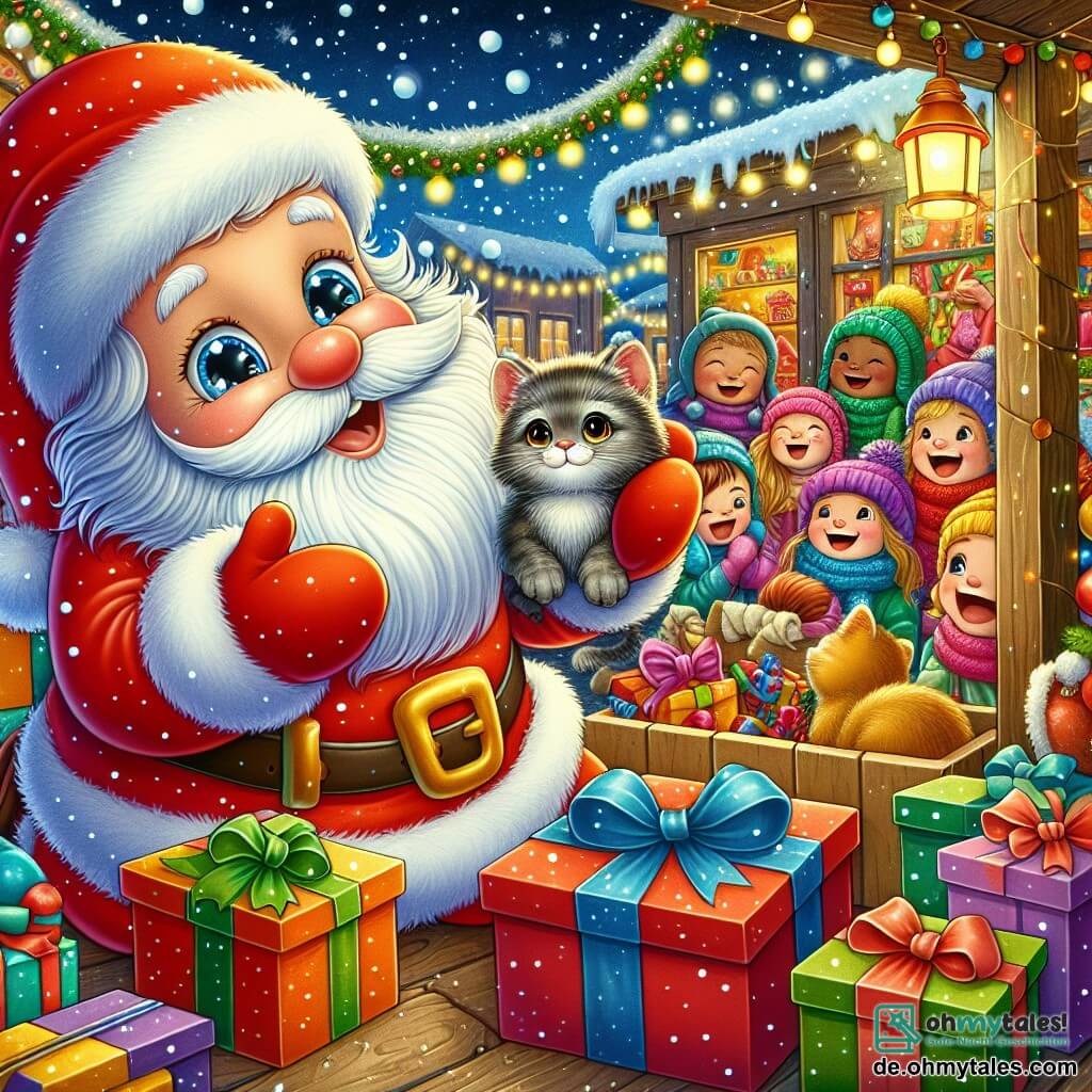 Ein kleines, leuchtend rotes Weihnachten mit einem warmen Lächeln steht im Zentrum des Bildes, die Arme weit geöffnet, umgeben von bunten Geschenken. Seine Augen strahlen vor Freude und Aufregung, während er eine Gruppe von Kindern beobachtet, die um ihn herum lachen und spielen. Rechts von ihm kuschelt ein kleines, grau-weißes Kätzchen mit großen, traurigen Augen an einer Spielzeugkiste und hofft, bemerkt zu werden. Es schaut bewundernd zu Weihnachten, während seine kleine Nase vor Vorfreude zittert. Die Szenerie ist ein lebhafter Weihnachtsmarkt, erleuchtet von funkelnden Lichtern und bunten Laternen. Holzstände bieten Spielzeug, Süßigkeiten und festliche Dekorationen an, während sanft Schneeflocken vom sternklaren Himmel fallen. Die Szene zeigt das kleine Weihnachten, das einem fröhlichen Kind ein Geschenk überreicht, während das Kätzchen mit hoffnungsvollem Blick darauf wartet, in diese Weihnachtsmagie einbezogen zu werden.