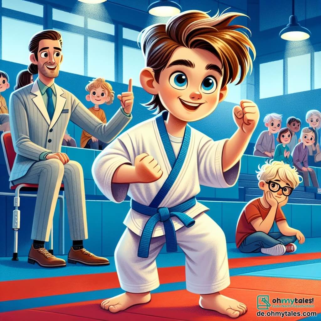 Ein 8-jähriger Junge namens Lukas steht auf einer Karate-Matte, seine Augen leuchten vor Aufregung und Entschlossenheit. Er hat unordentliches braunes Haar, trägt einen weißen Kimono mit einem blauen Gürtel und seine Fäuste sind geballt, bereit zu kämpfen. Neben ihm sitzt sein Freund Max, ein 8-jähriger Junge mit blonden Haaren und Brille, auf einem Stuhl, sein Gesicht besorgt, aber ermutigend, und hält eine Krücke. Im Hintergrund lächelt Coach Mia, eine Frau in ihren Dreißigern mit hochgestecktem braunem Haar, und zeigt Daumen hoch, um Lukas zu ermutigen. Die Szene spielt sich in einer hellen Sporthalle mit blauen Wänden und roten Matten ab. Zuschauer sitzen auf Bänken und schauen aufmerksam zu, während Medaillen auf einem Tisch daneben glänzen. Lukas bereitet sich darauf vor, seinen Gegner auf der Karate-Meisterschaftsbühne herauszufordern, sein Herz schlägt schnell, bereit, sein Bestes für seinen Freund Max und sein Team zu geben.