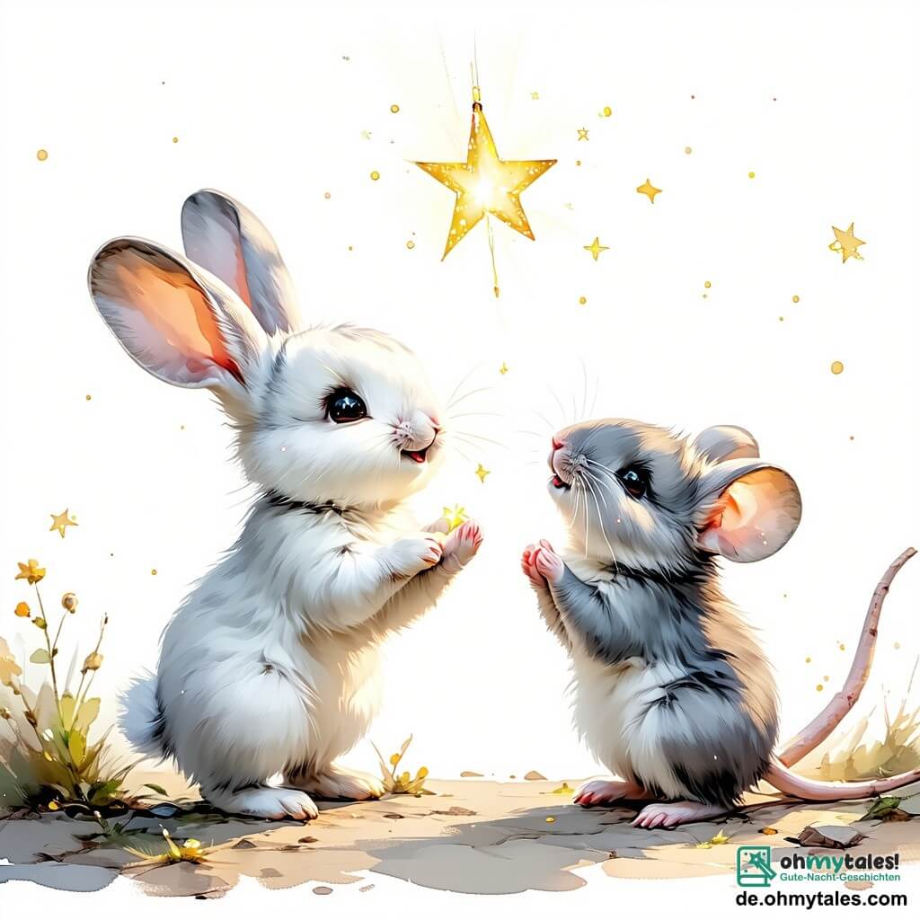 Max, ein kleiner Hase mit großen Ohren und weichem, weißem Fell, steht auf seinen Hinterbeinen, die Augen vor Aufregung glänzend und ein breites Lächeln im Gesicht, während er einen funkelnden Stern in seinen kleinen Pfoten hält. Neben ihm schaut Mia, eine kleine Maus mit grauem Fell und funkelnden Augen, staunend zum Himmel, die kleinen Hände freudig gefaltet. Etwas im Hintergrund lächelt Tom, ein großer, kräftiger Troll mit grüner Haut und zerzausten Haaren, breit und zeigt mit verschränkten Armen, dass er glücklich ist, bei seinen neuen Freunden zu sein. Die Szene spielt sich auf einem belebten Dorfplatz ab, geschmückt mit funkelnden Weihnachtslichtern, mit einem großen, geschmückten Weihnachtsbaum in der Mitte, umgeben von sanft fallendem Schnee. Die Häuser im Hintergrund sind mit Lichterketten bedeckt, was eine warme und festliche Atmosphäre schafft. In dieser Illustration feiern Max, Mia und Tom gemeinsam die Rückkehr des magischen Weihnachtsfestes, erleuchtet vom goldenen Licht des Sterns, den sie gerade auf die Spitze des Baumes gesetzt haben, was Freundschaft und Weihnachtsfreude symbolisiert.